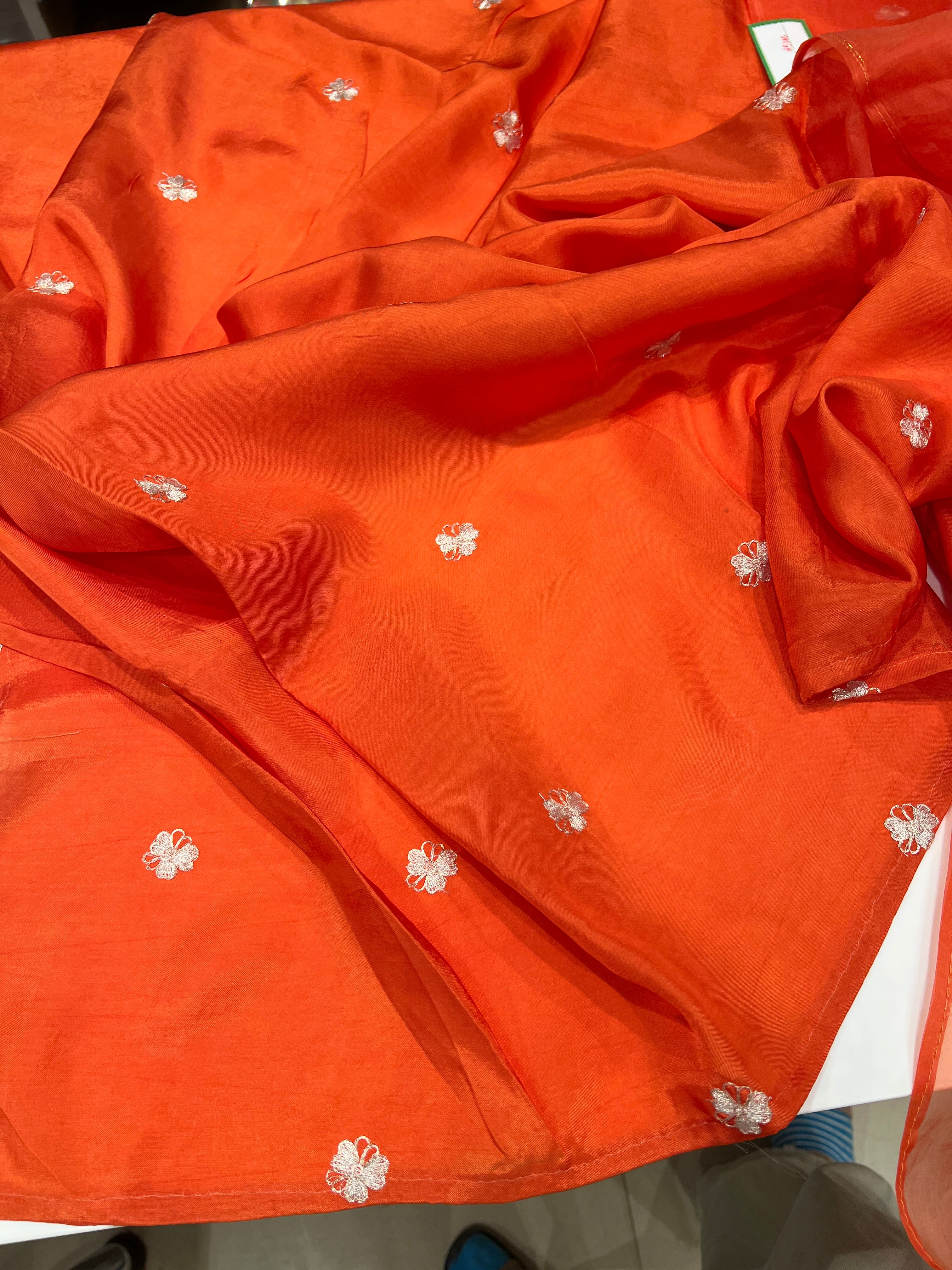 Orange Pitta Hand Embroidery Organza Saree