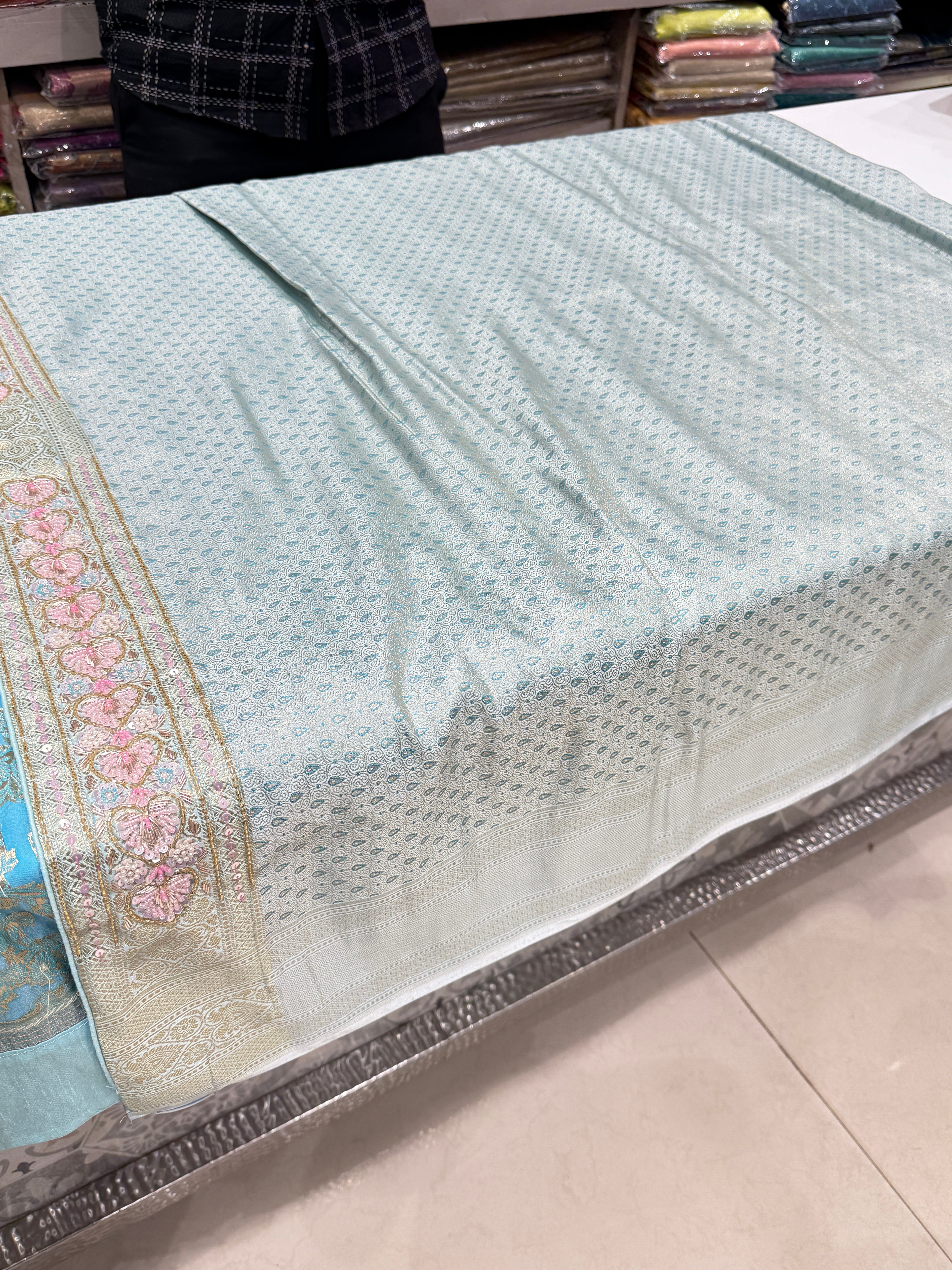 Light Blue Banarasi Heart Border Fancy Embroidery Saree