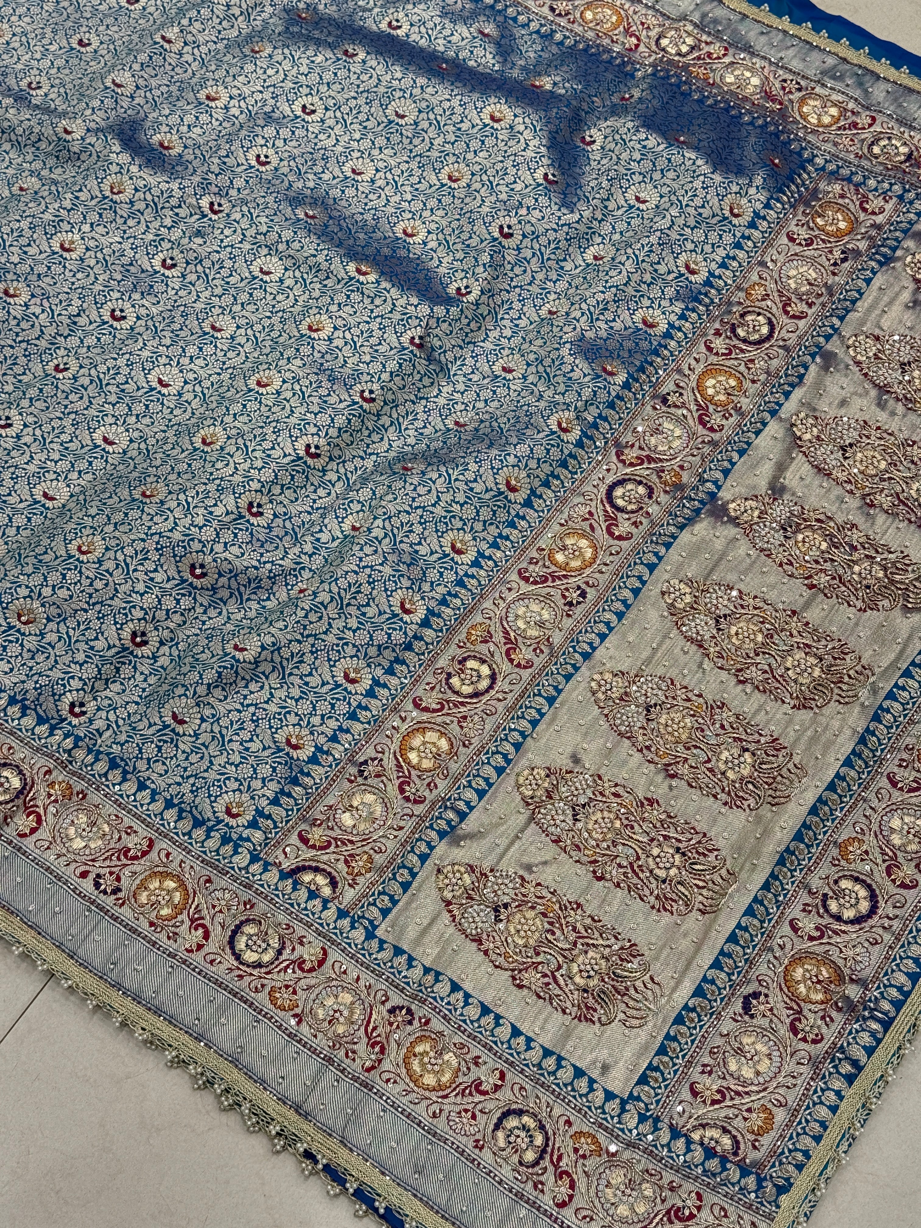 Blue Banarasi Brocade Weave Meenakari Hand Embroidery Zardosi Saree