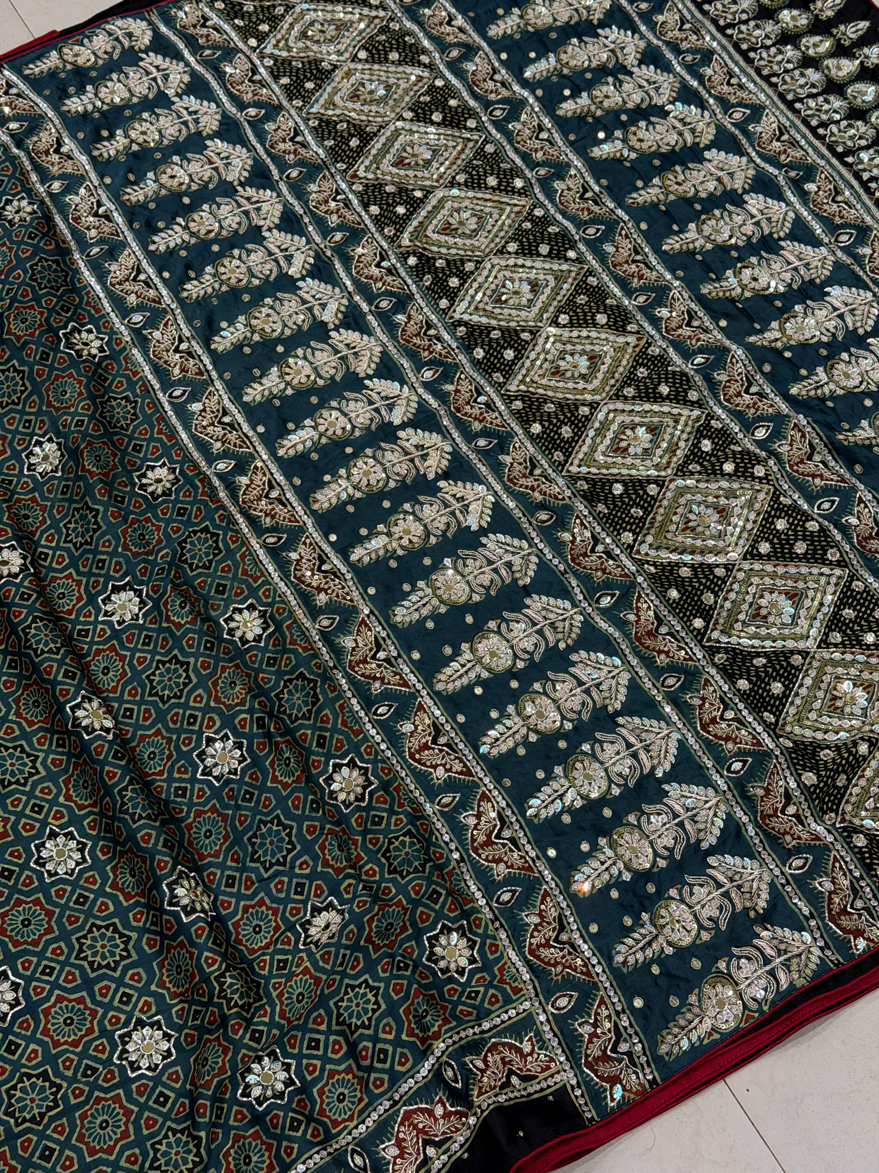 Bottle Green Pita Sequin Ajrakh Hand Embroidery Saree