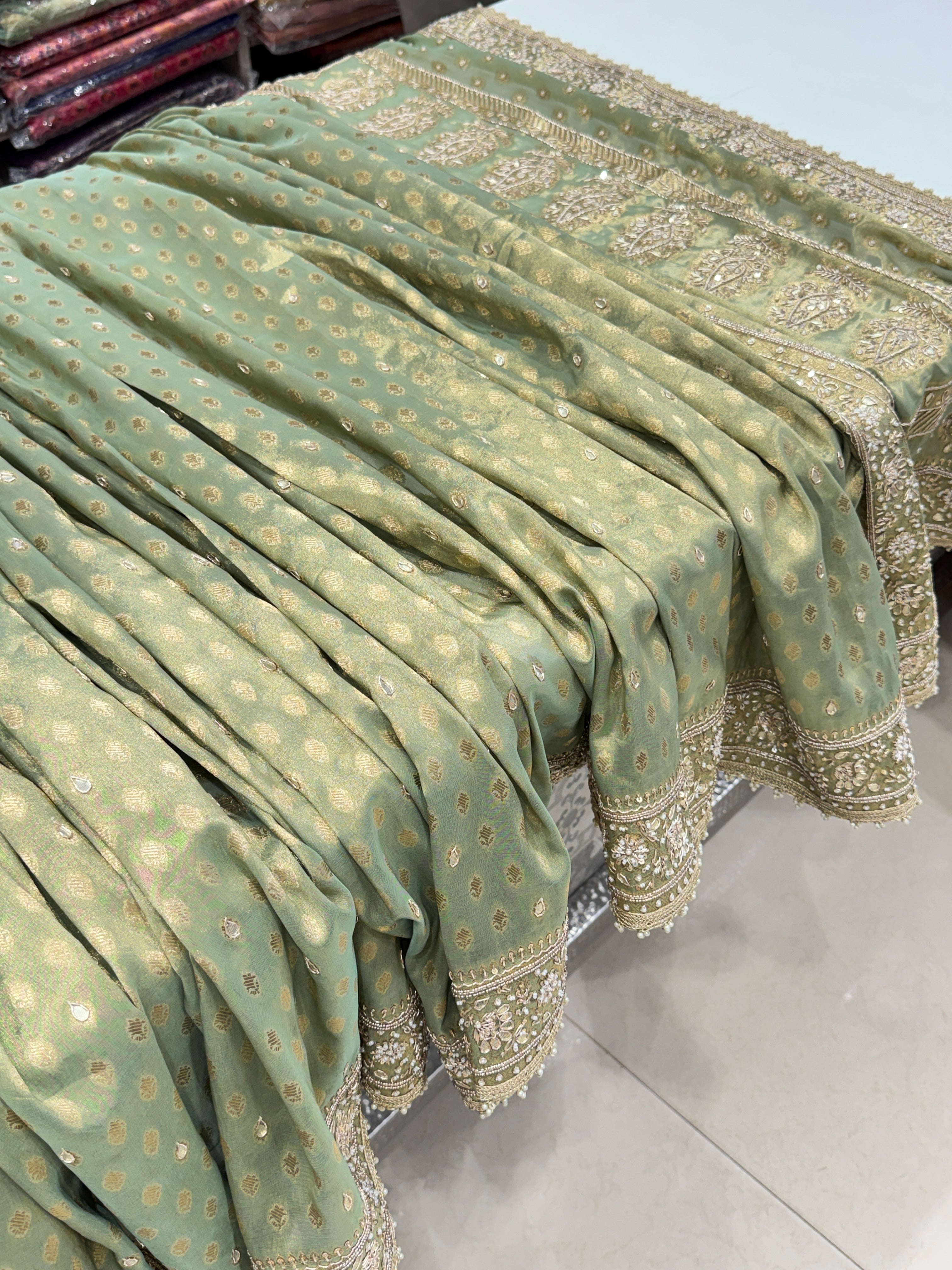 Pista Green Tissue Buttis Zardosi Gota Hand Embroidery Saree