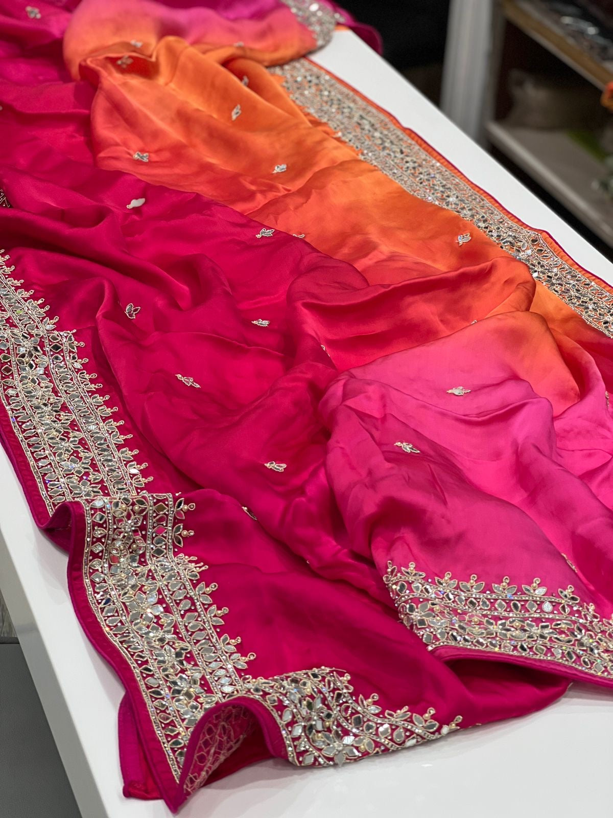 Shaded Satin Organza Real Mirror Zardosi Embroidery