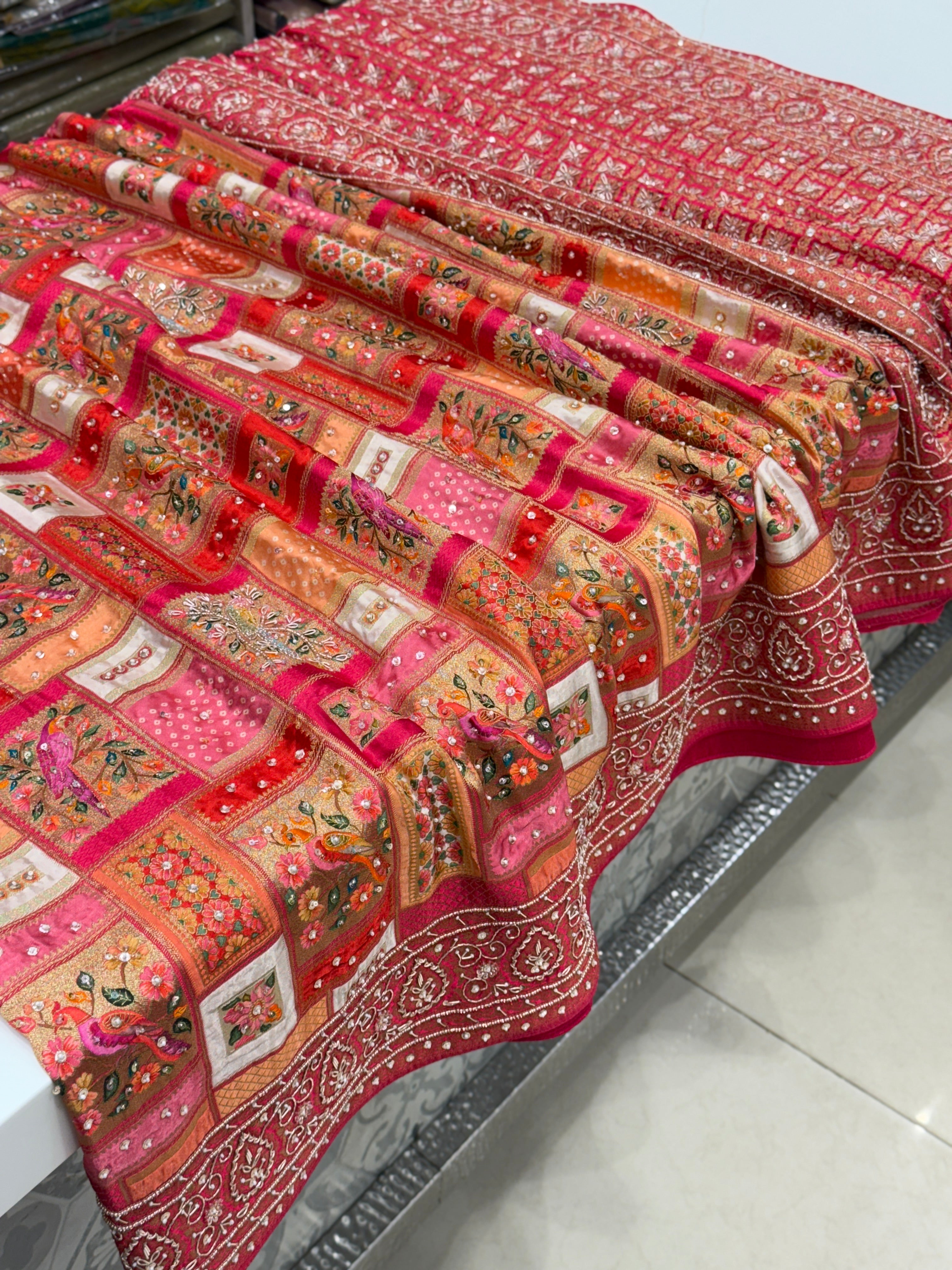 Banarasi Modal Rangkat Peacock Check Hand Embroidery Saree