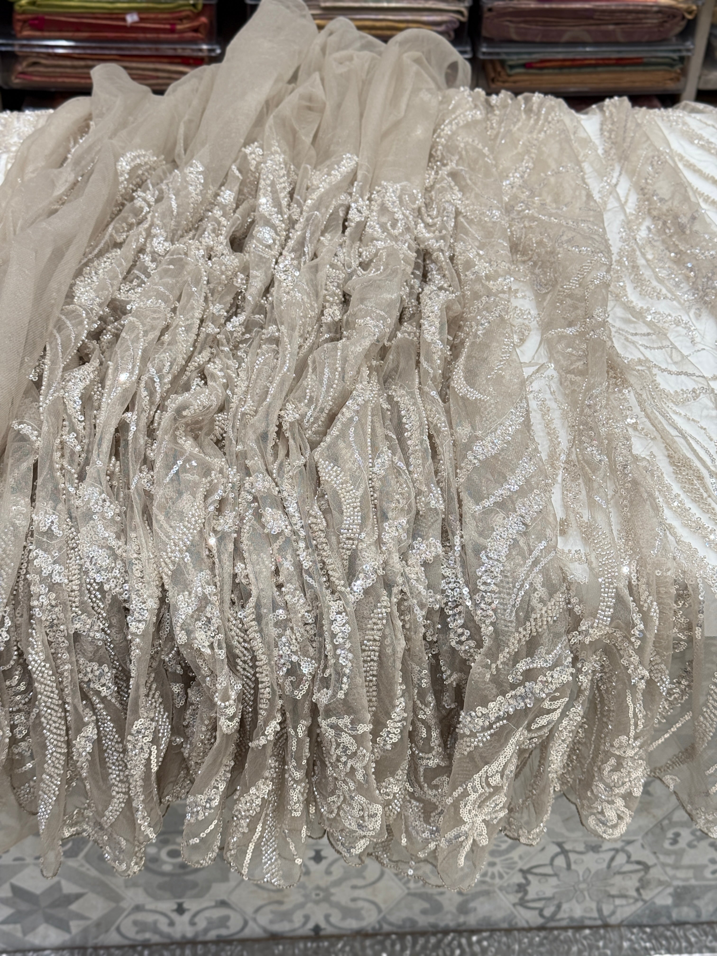 Soft Net Dark Beige Moti Sequin Embroidery Saree