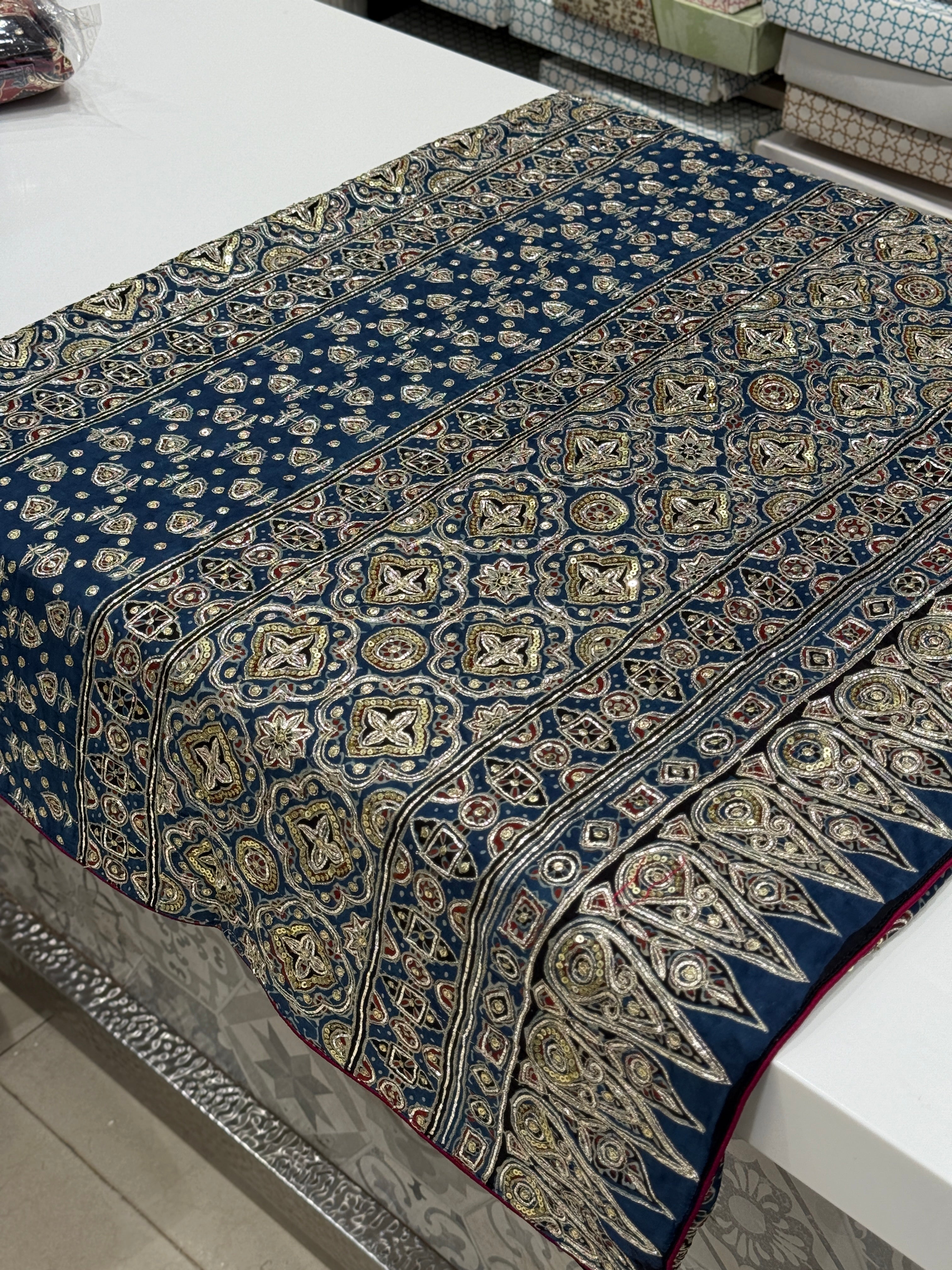 Blue Ajrakh Badam Buttas Pita Sequin Moti Hand Embroidery Saree