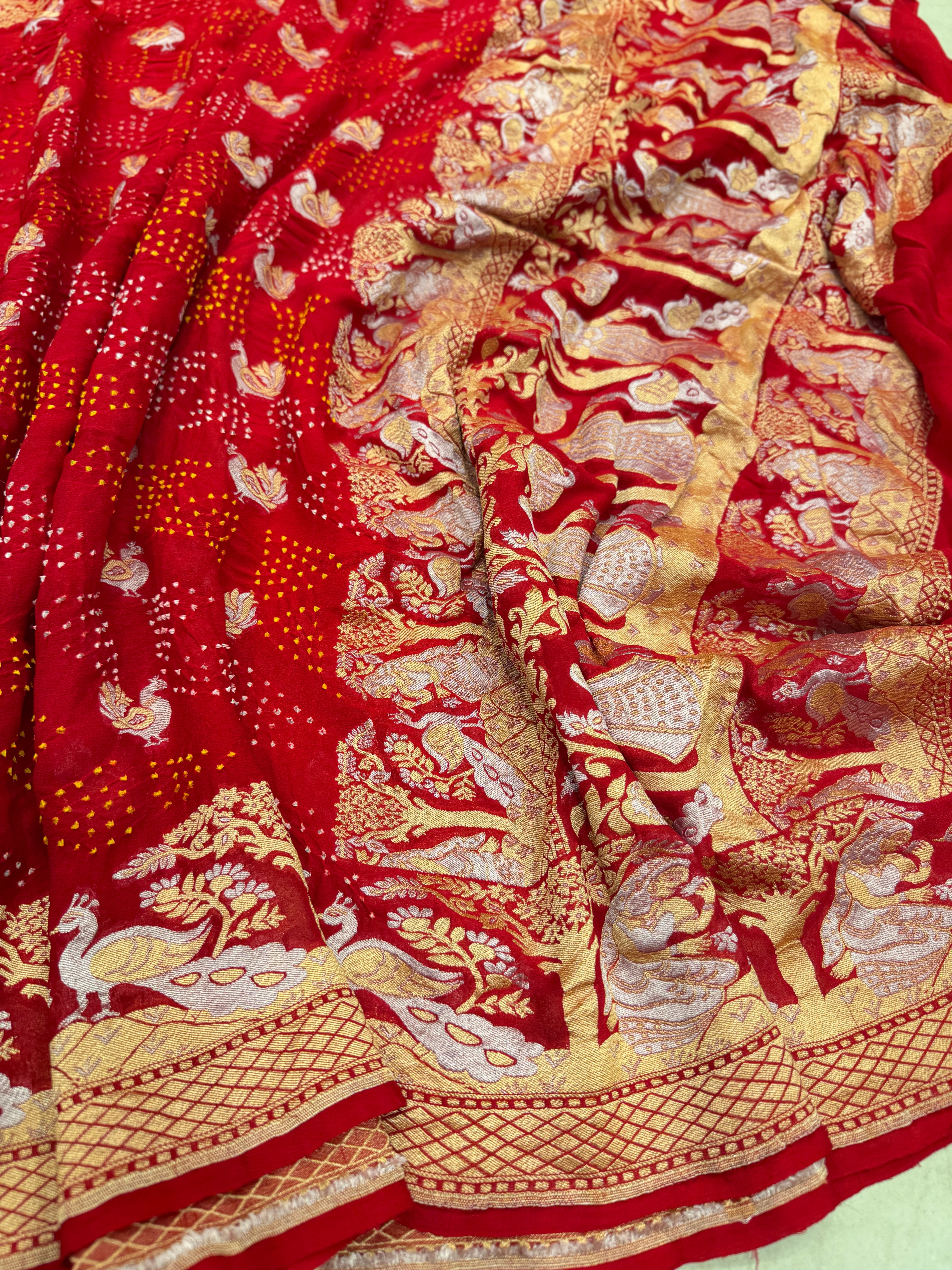 Red Sona Roopa Handmade Bandhej Saree