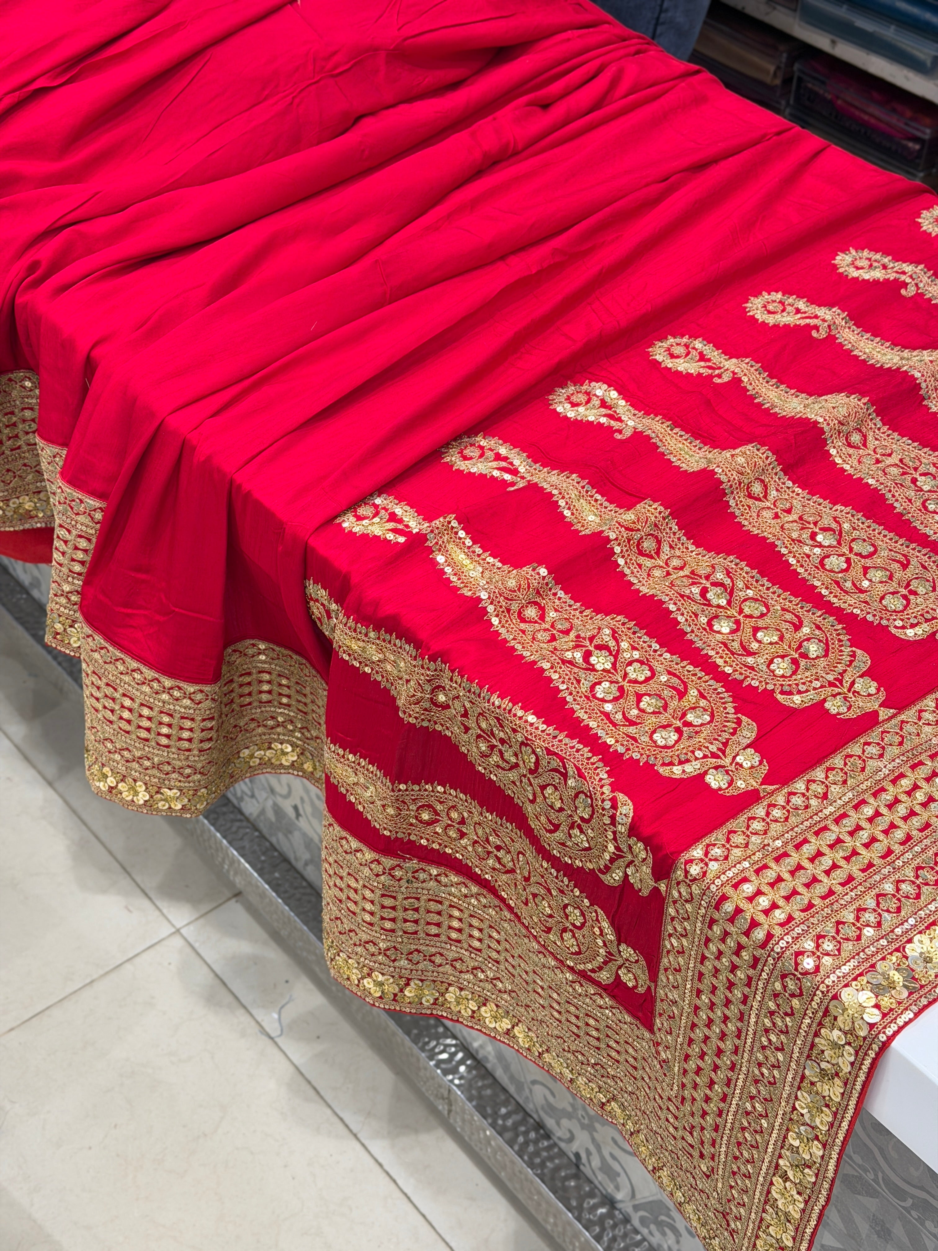 Red Sabyasachi Inspired Marodi Embroidery Pure Silk Saree Keri Pallu Saree