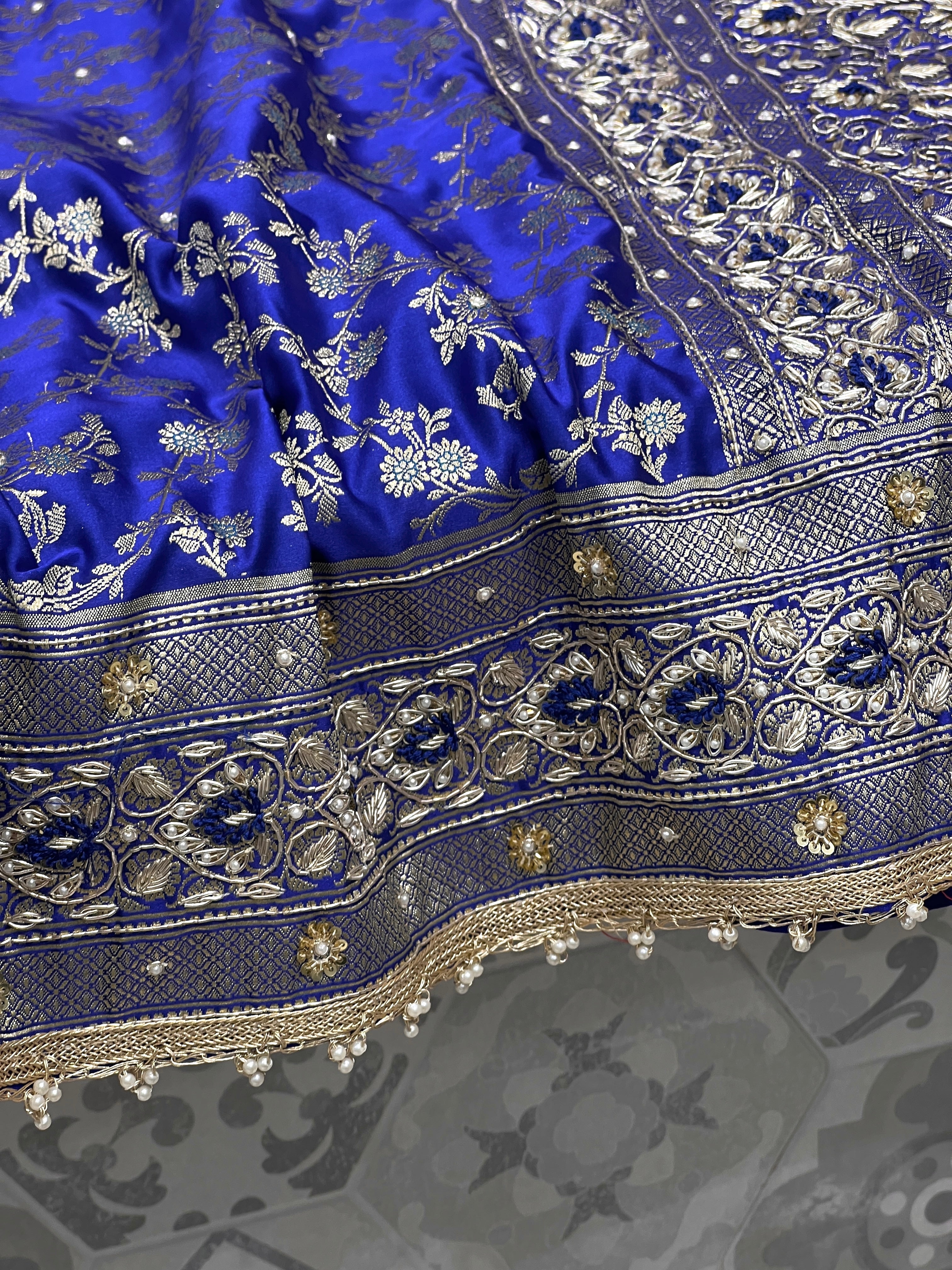 Ink Blue Banarasi Silk Resham Hand Embroidery Saree