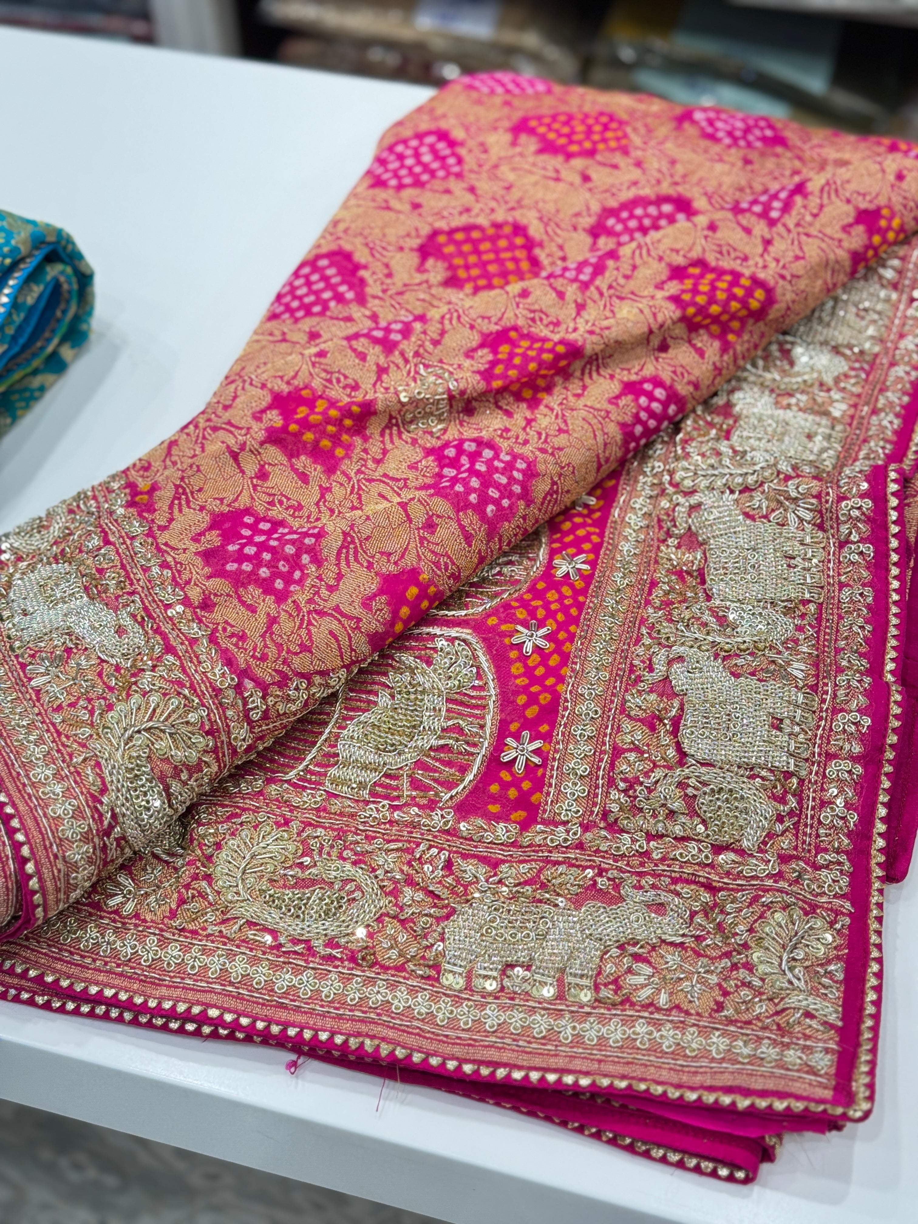 Rani Bandhej Zardosi Hand Embroidery Elephant Border Saree