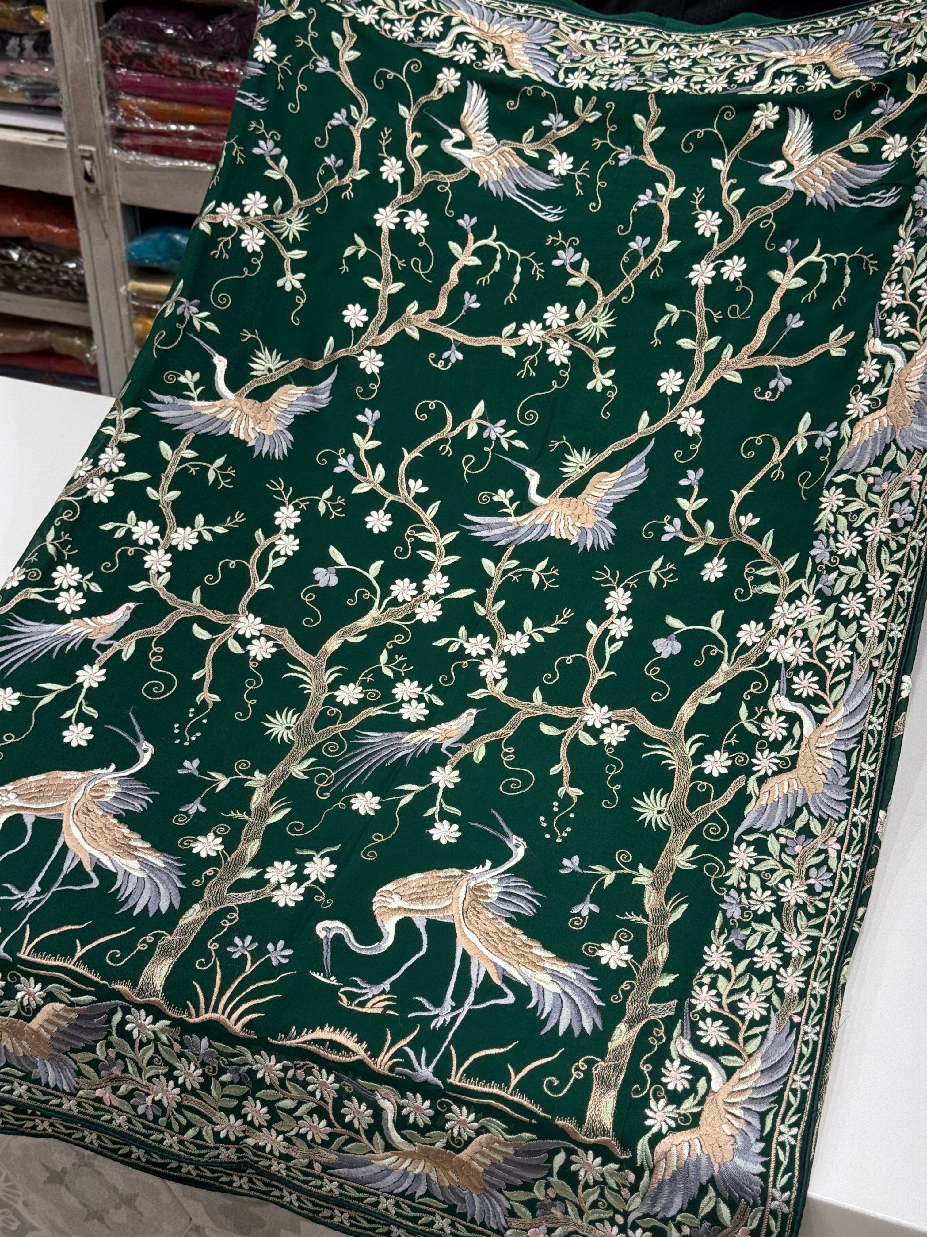 Bottle Green Tree Of Life Flamingo Parsi Gara Saree
