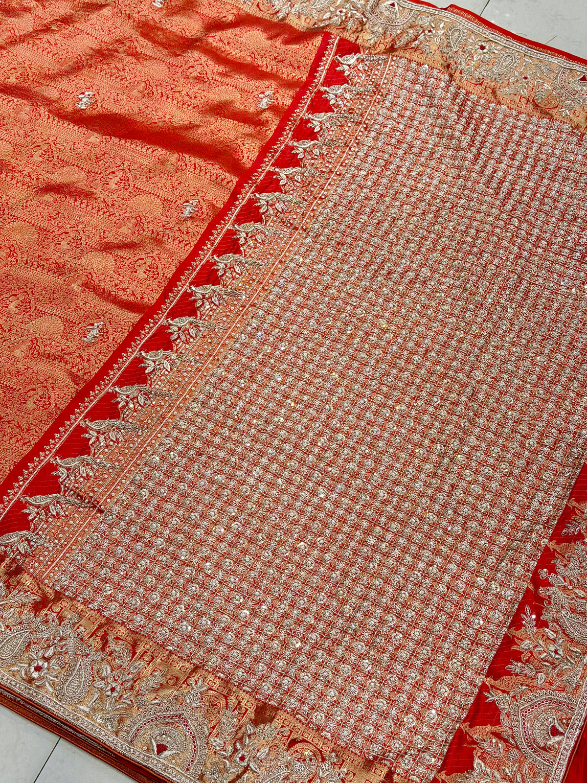 Red Kanjivaram Peacock Motif Hand Embroidery Zardosi Saree