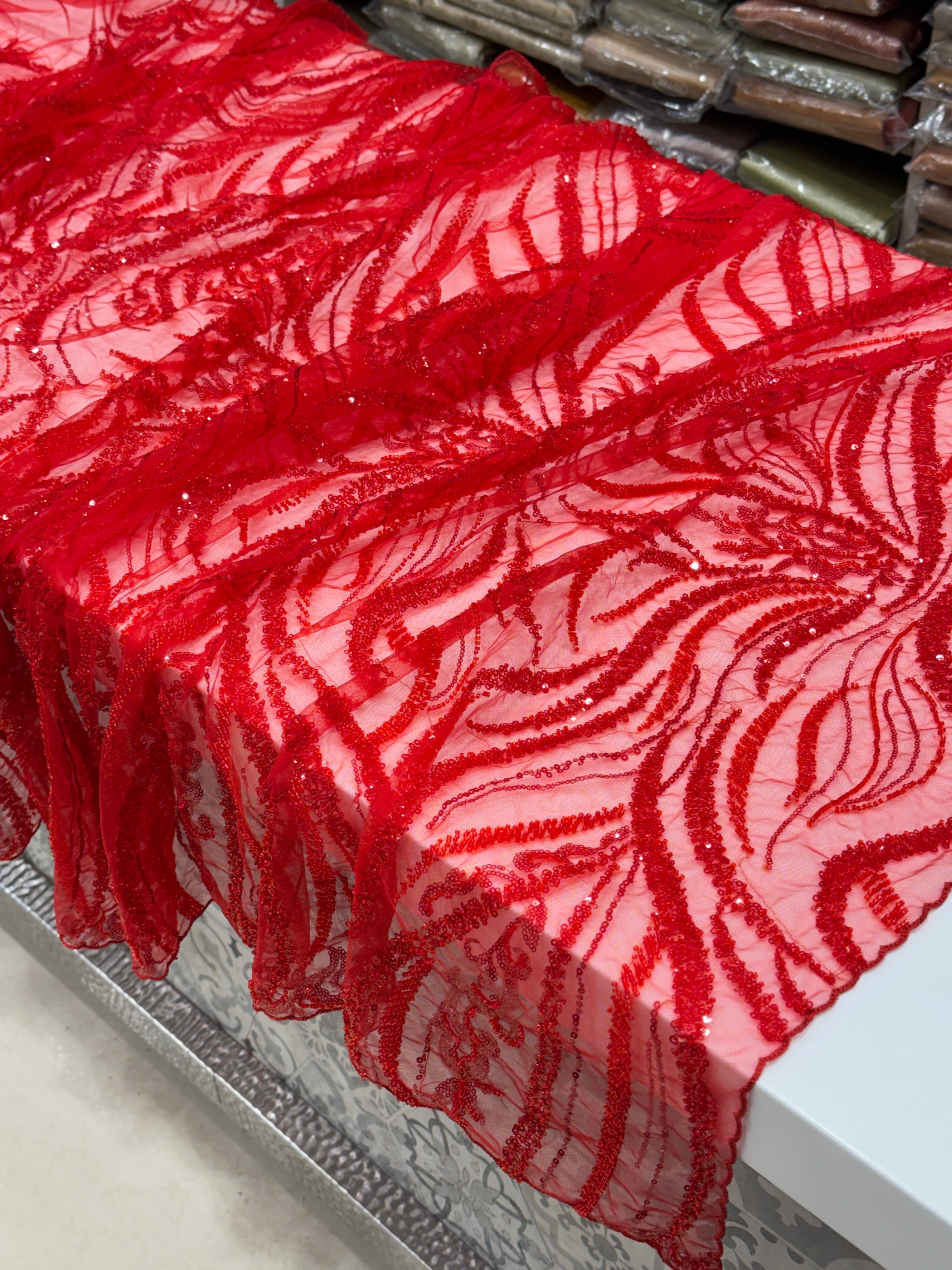 Red on Red Soft Net Moti Sequin Embroidery Saree