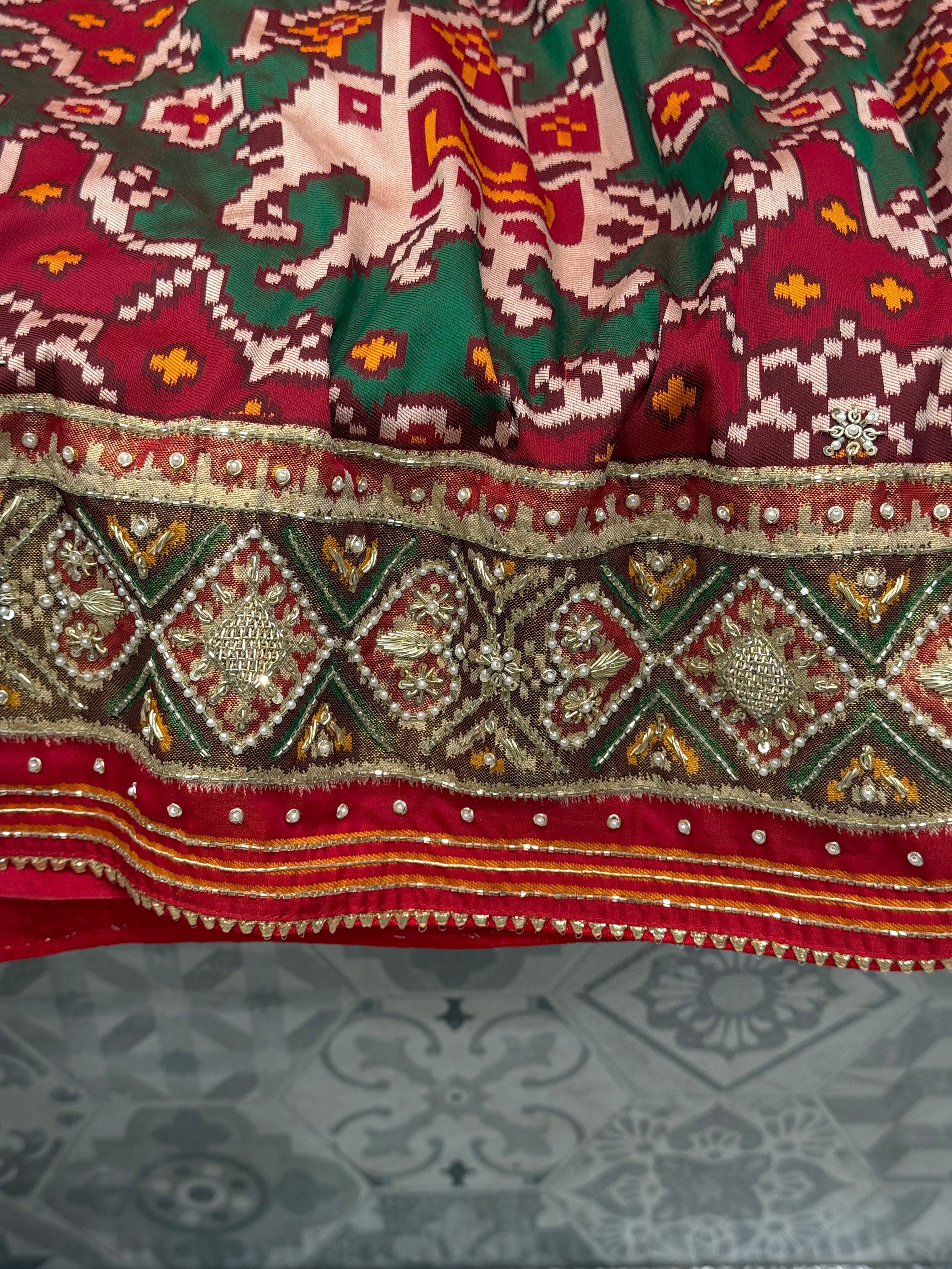 Maroon Green Big Elephant Patola Zardosi Embroidery Saree