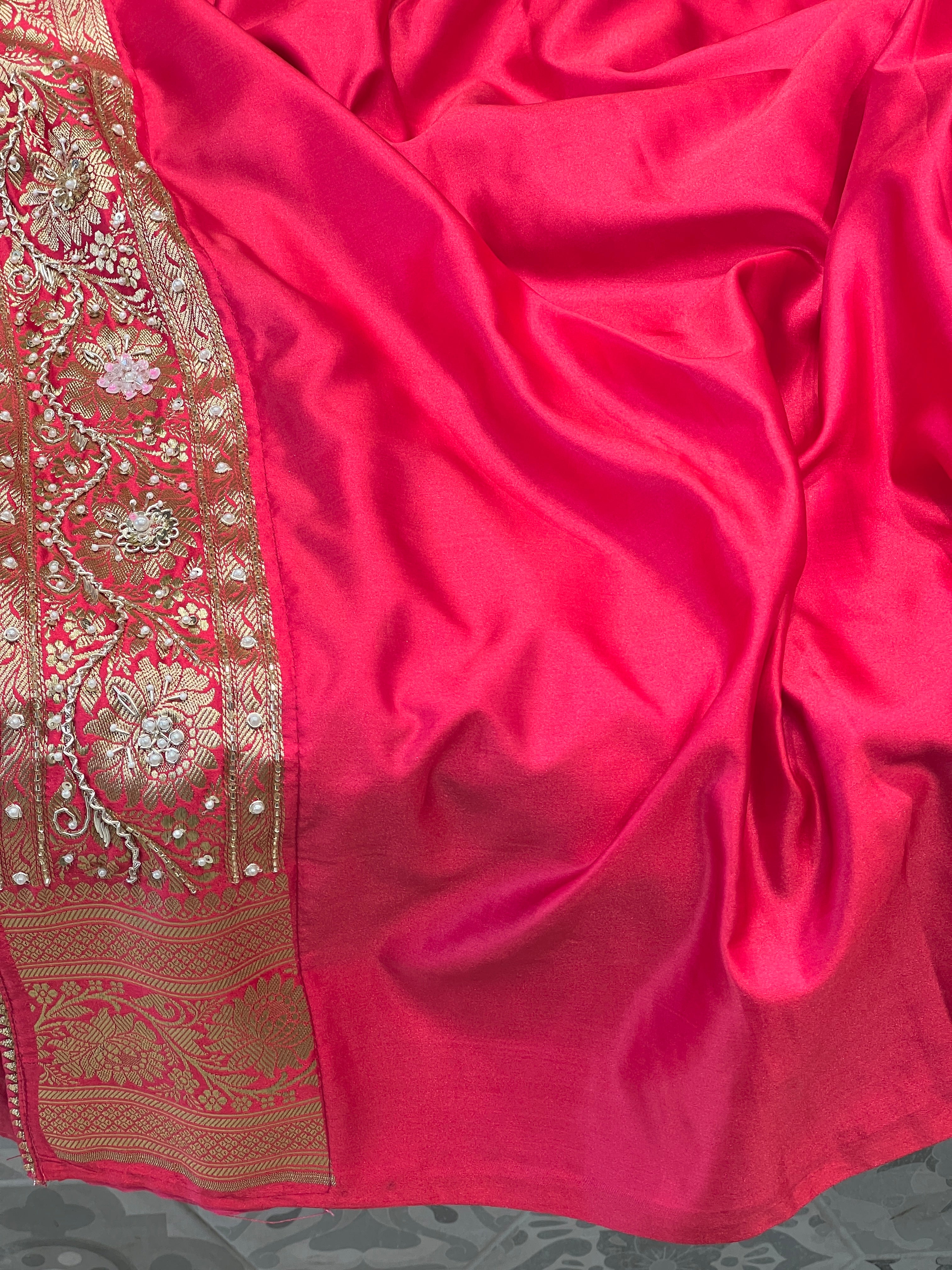 Strawberry Banarasi Silk Butti Hand Embroidery Saree