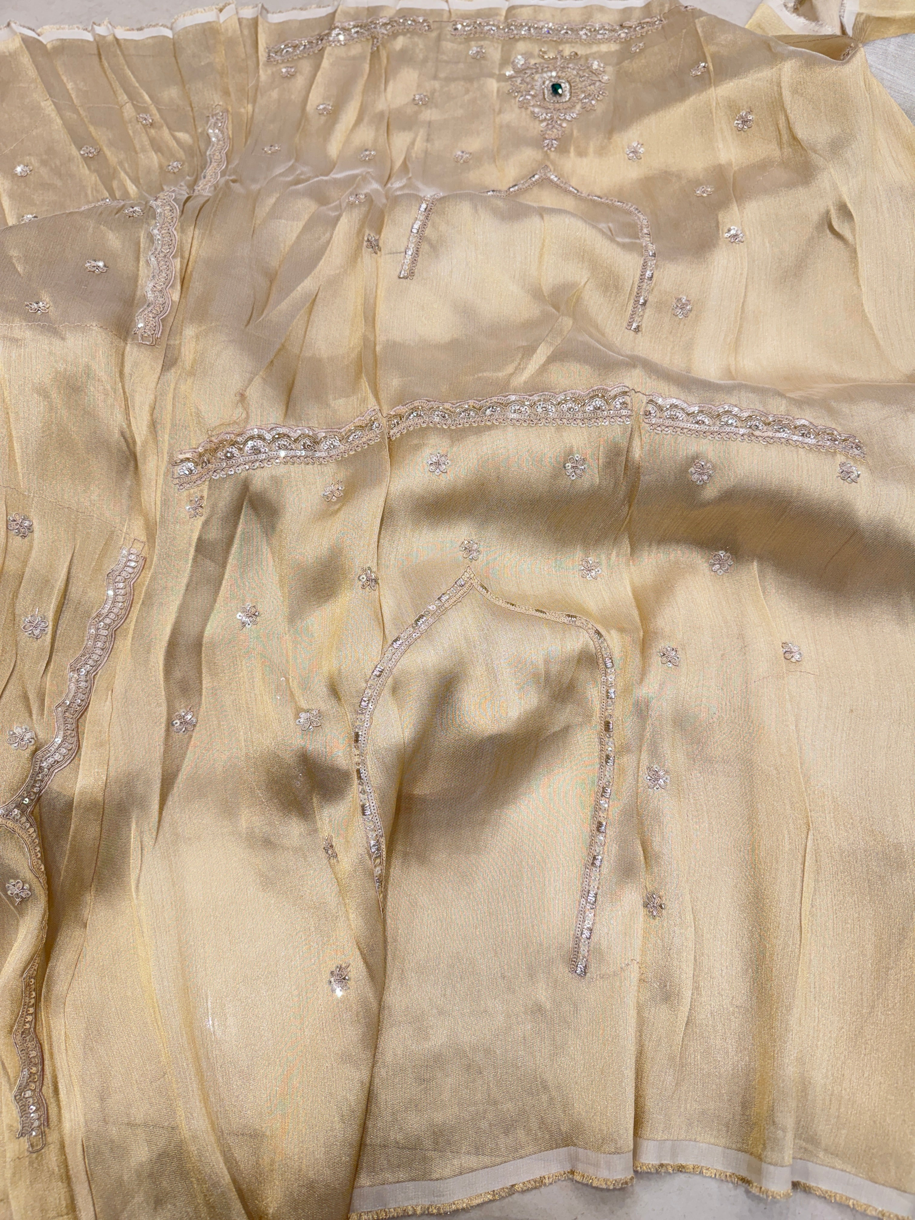 Golden Silver Soft Tissue Moti Crystal Embroidery Saree