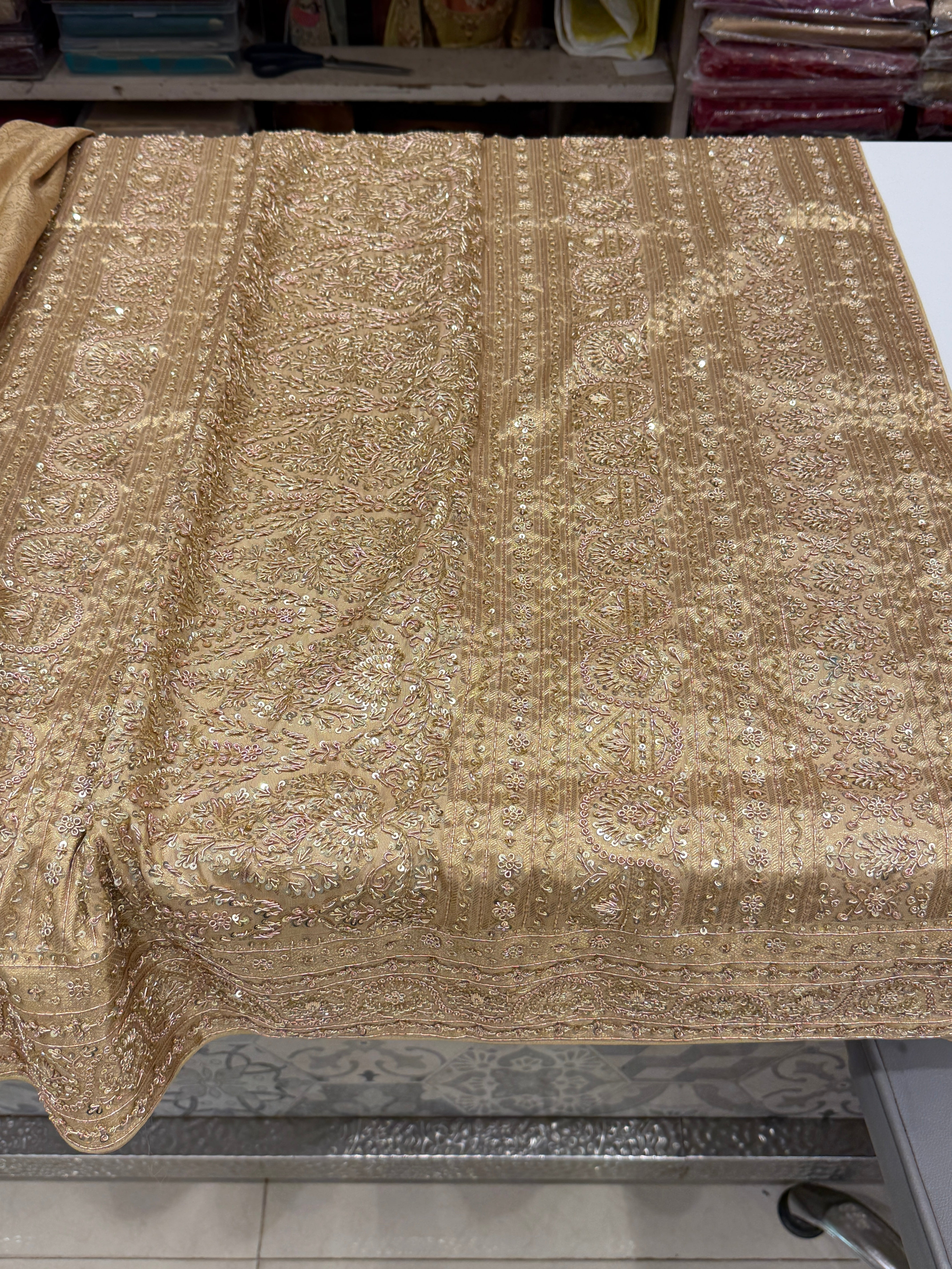 Beige Gold Kanjivaram Zardosi Hand Embroidery Saree