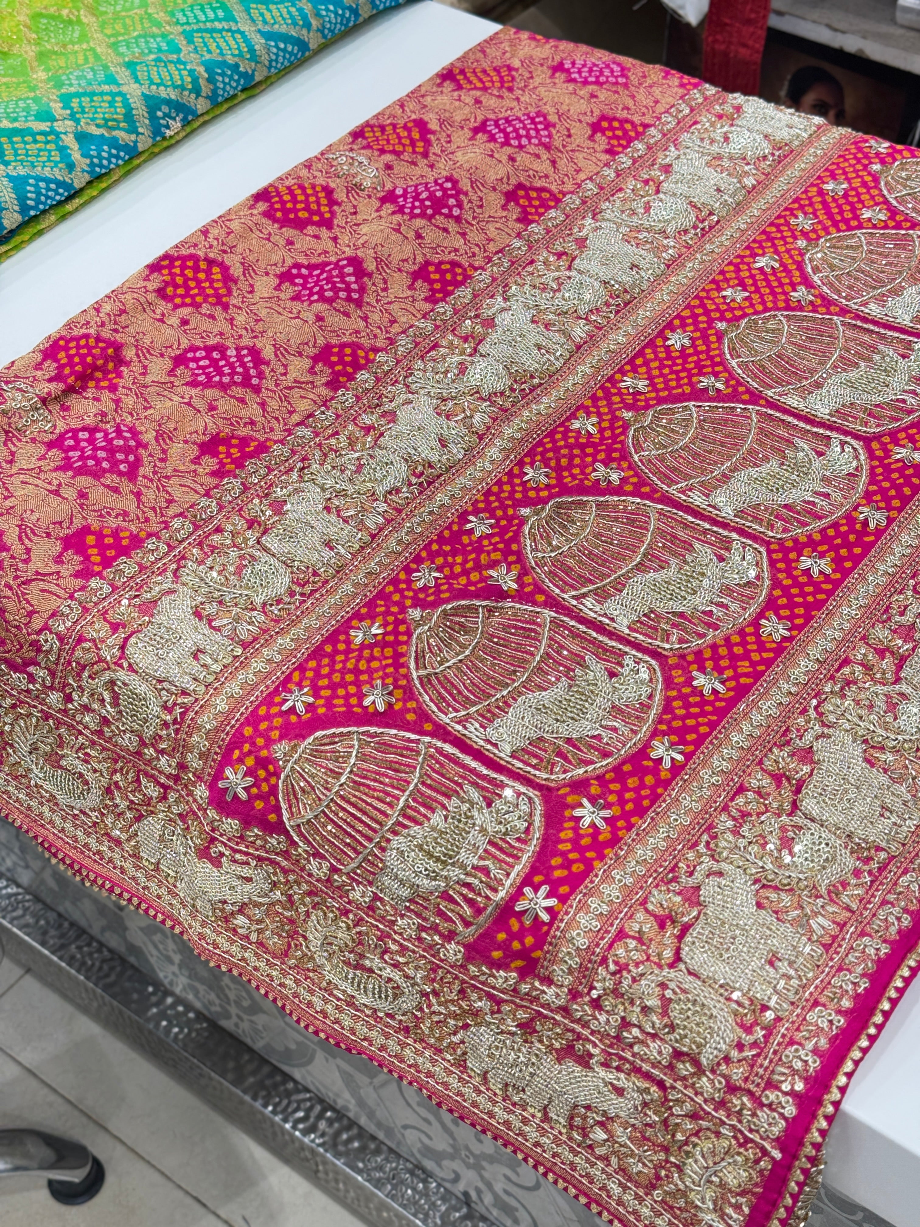 Rani Bandhej Zardosi Hand Embroidery Elephant Border Saree