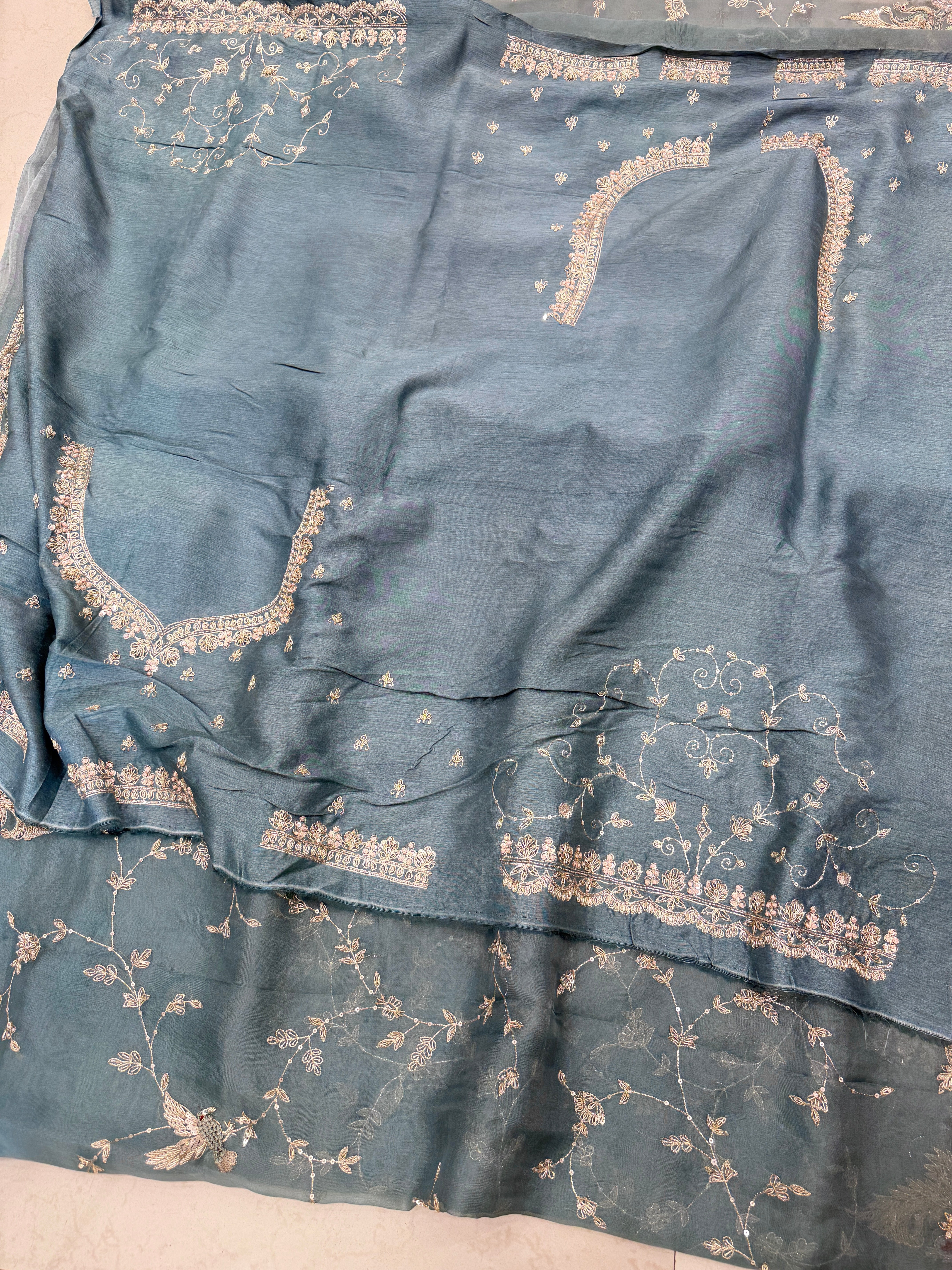 Sea Green Organza Zardosi Peacock Flying Bird Jaal Hand Embroidery Saree
