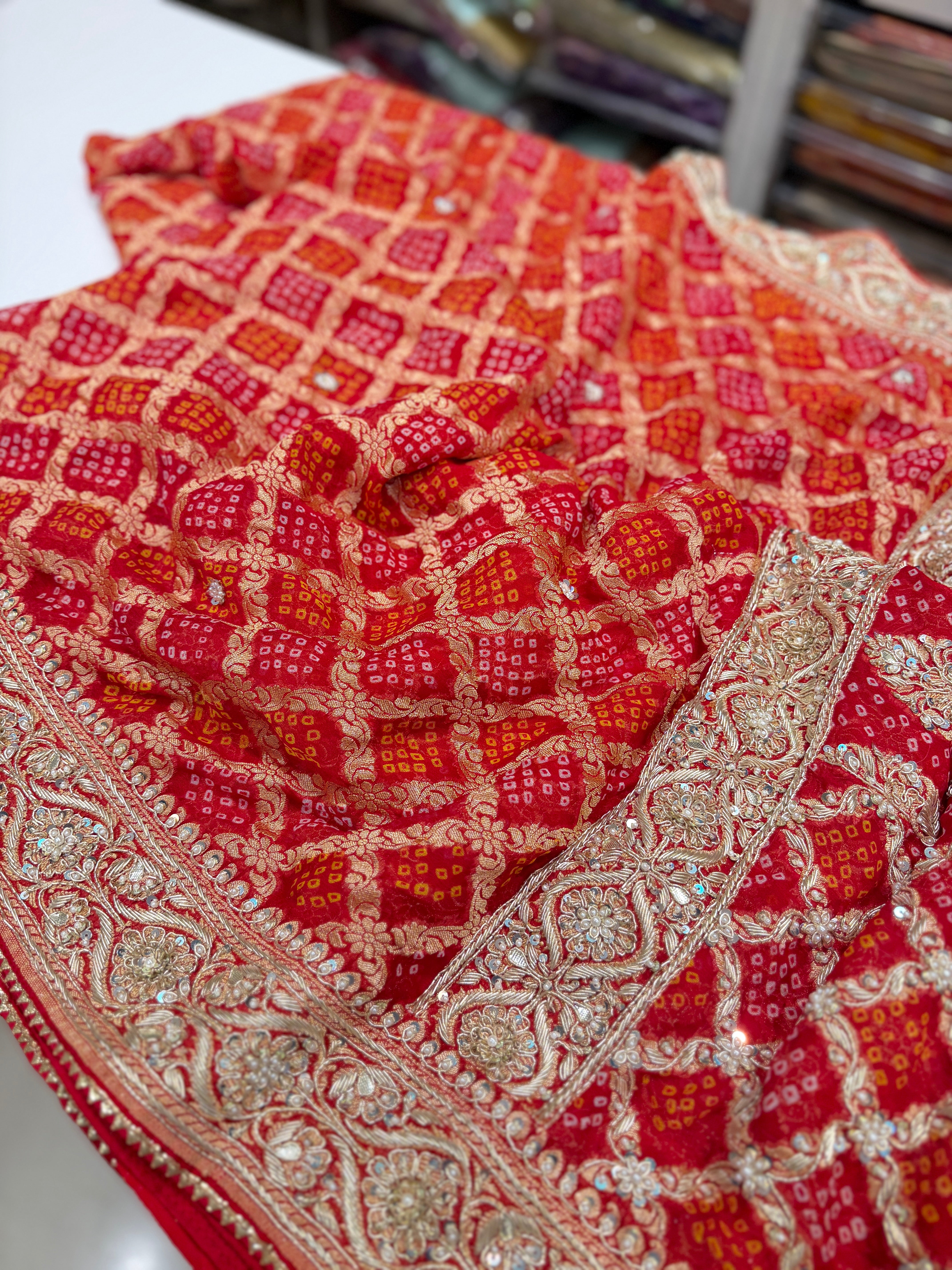 Red Rai Bandhej Georgette Saree Zardosi Hand Embroidery Saree