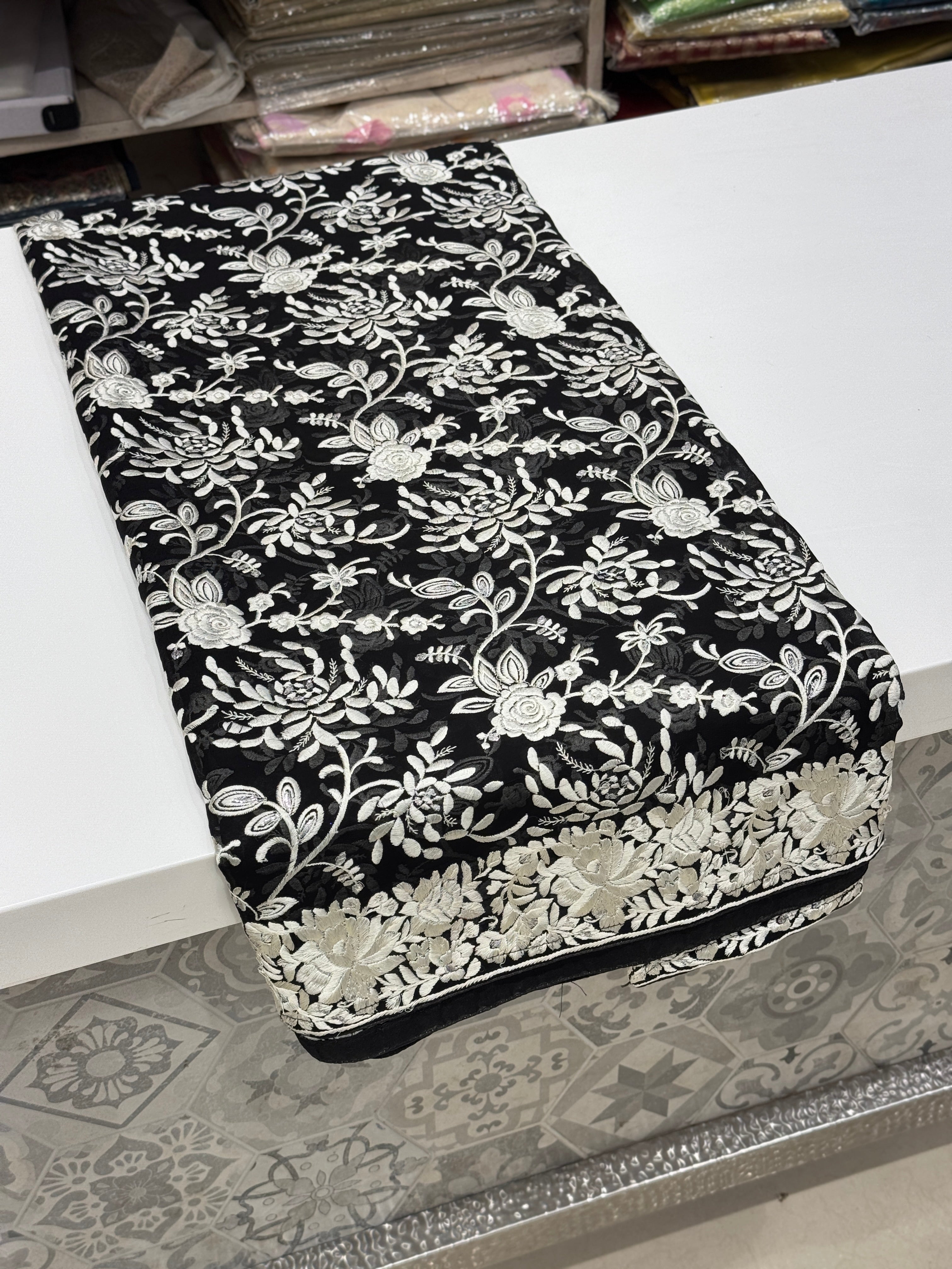 Black Floral Georgette Parsi Gara Saree