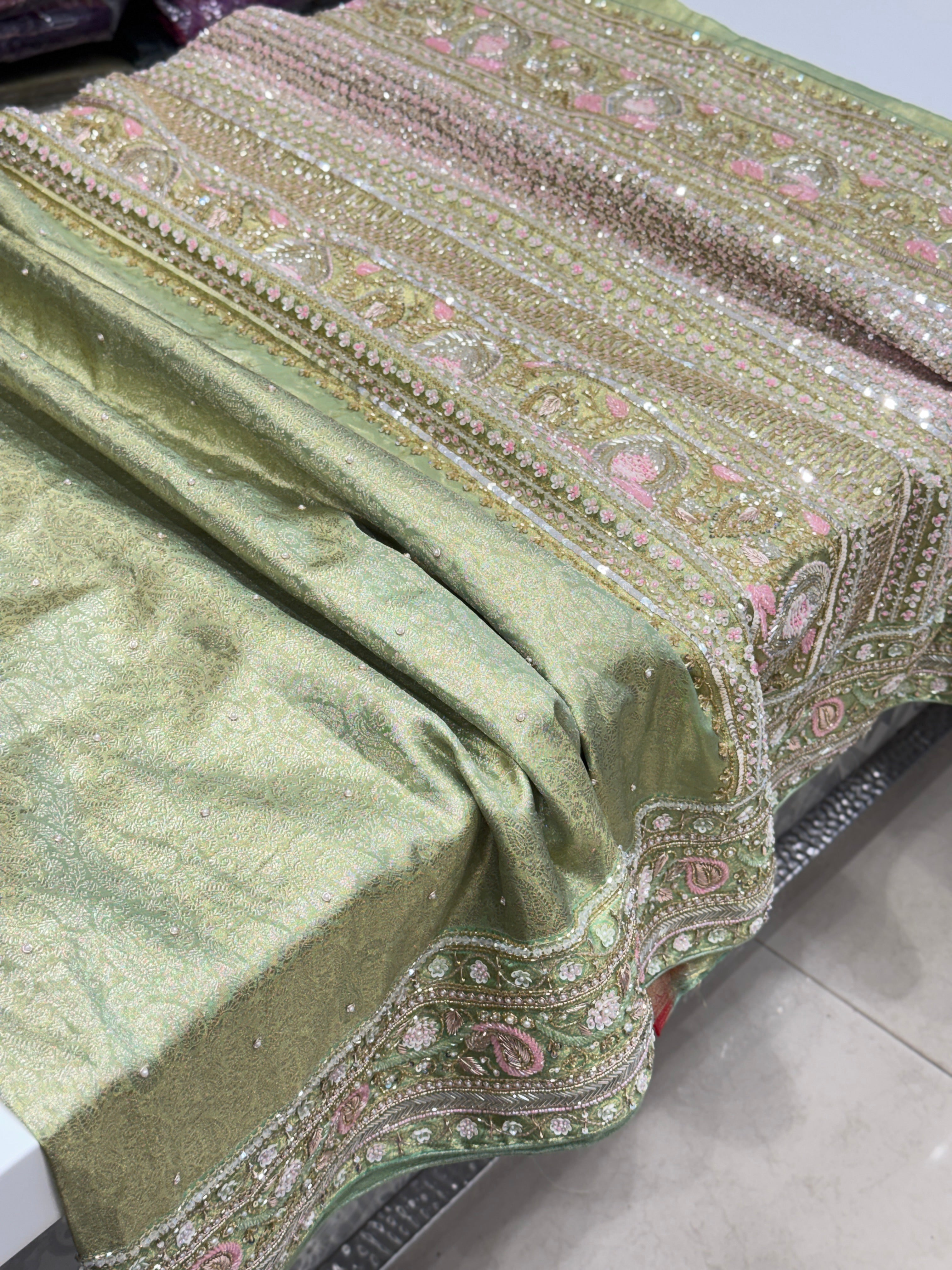 Pista Green Tissue Kanjivaram Hand Embroidery Saree