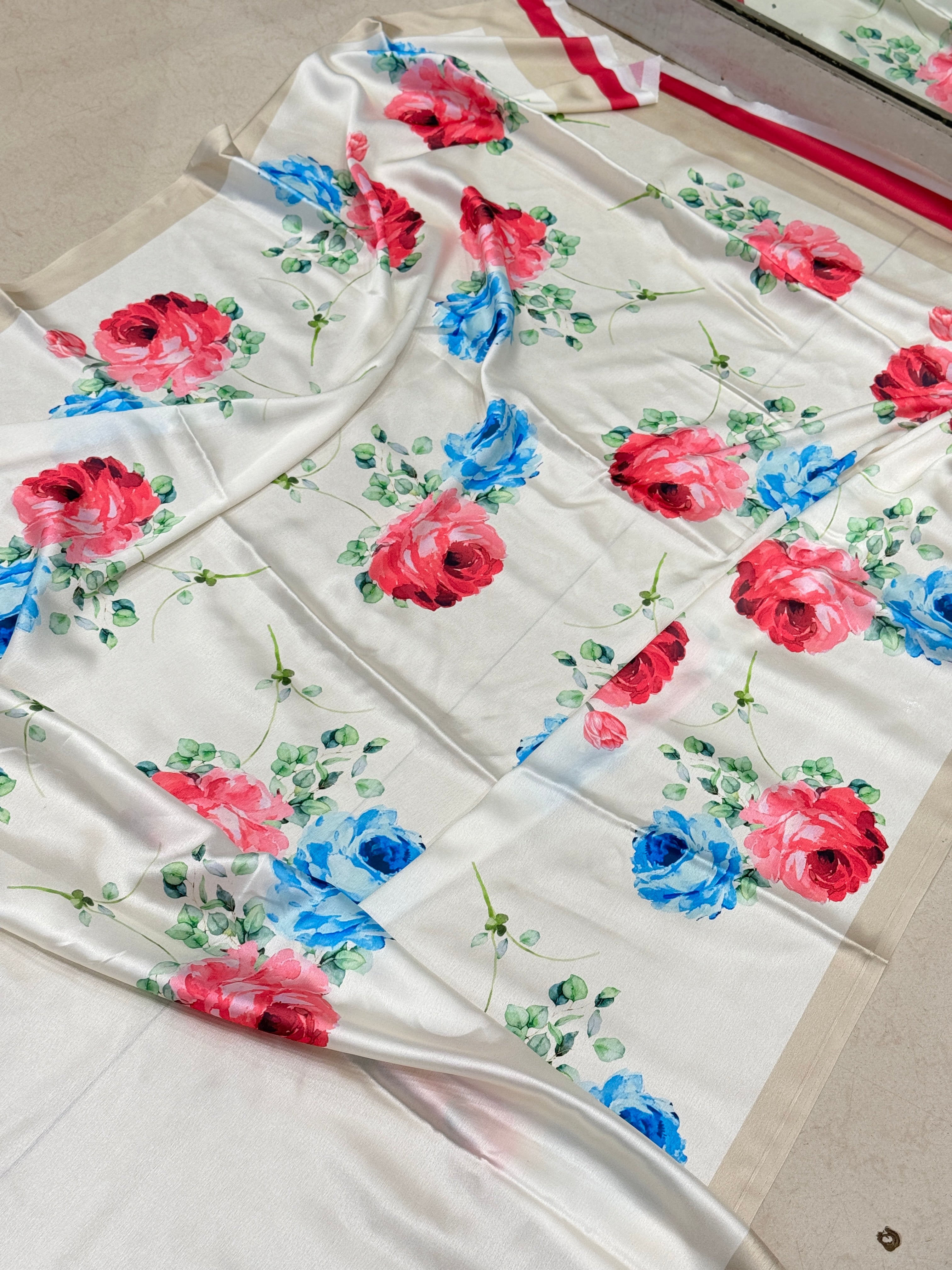 Moti White Floral Satin Printed Saree