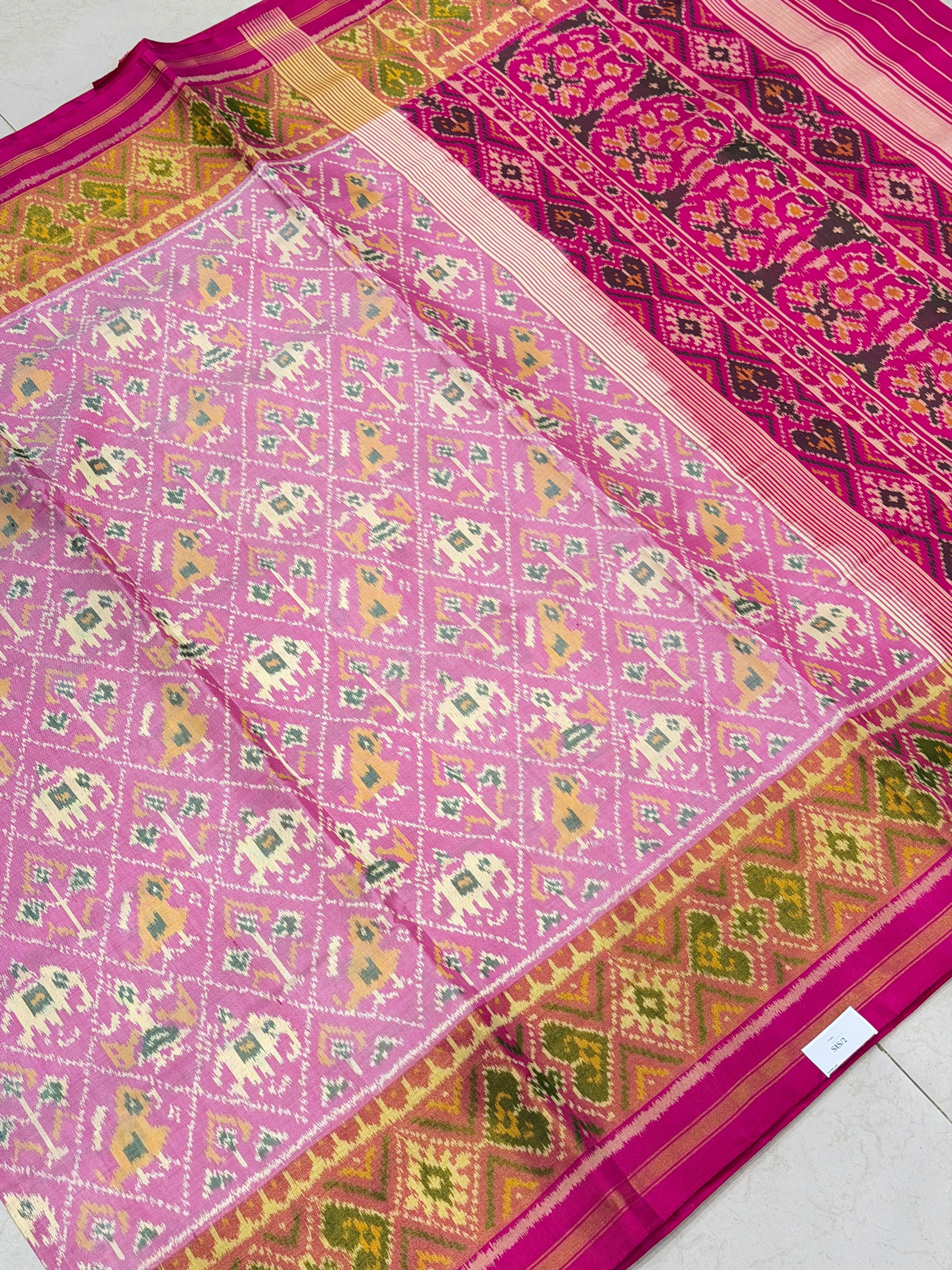 White Pink Elephant Chabdi Handloom Rajot Ikat Patola Silk Saree