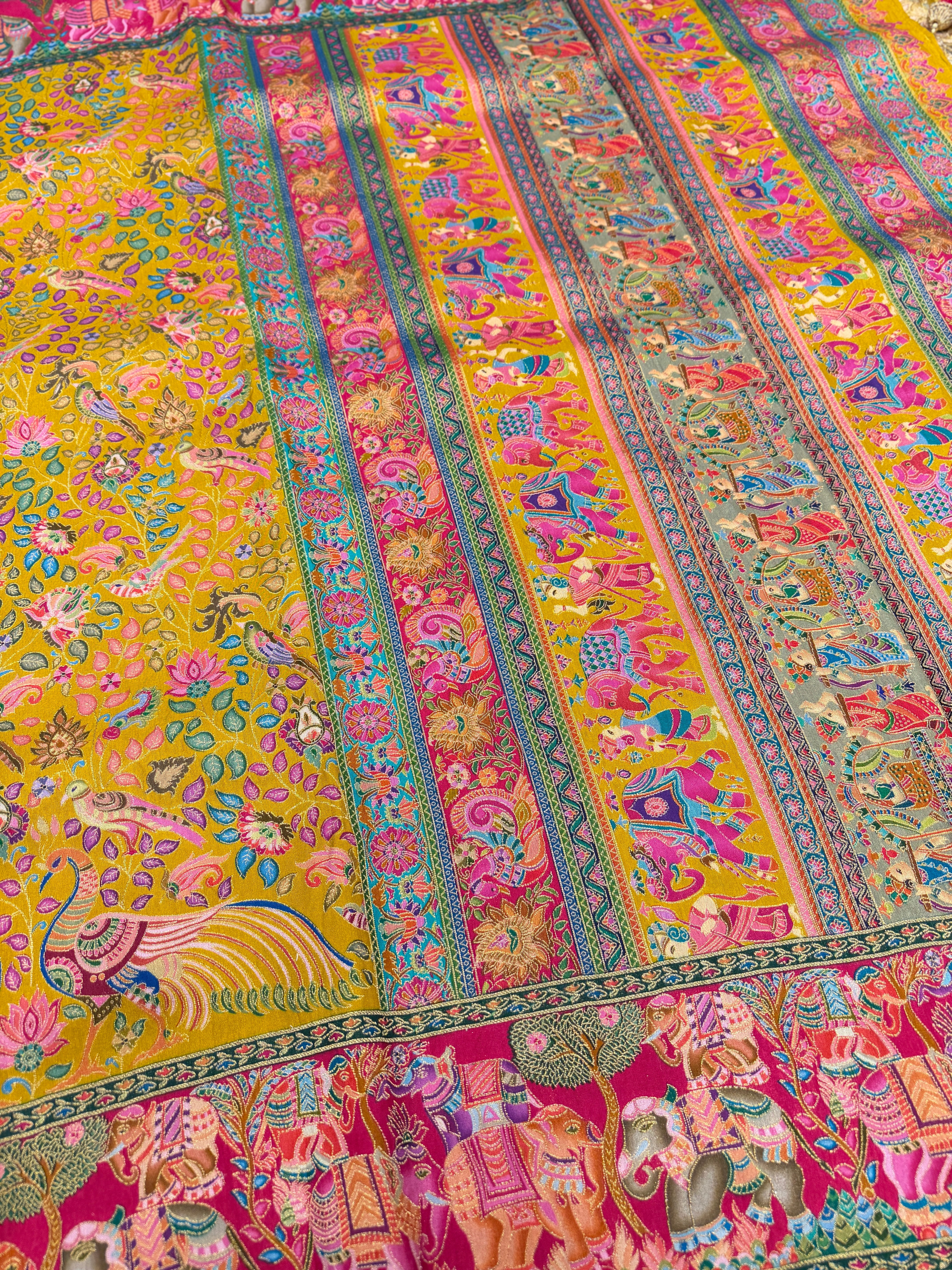 Yellow Rani Weaved Pashmina Style Multi Colour Saree