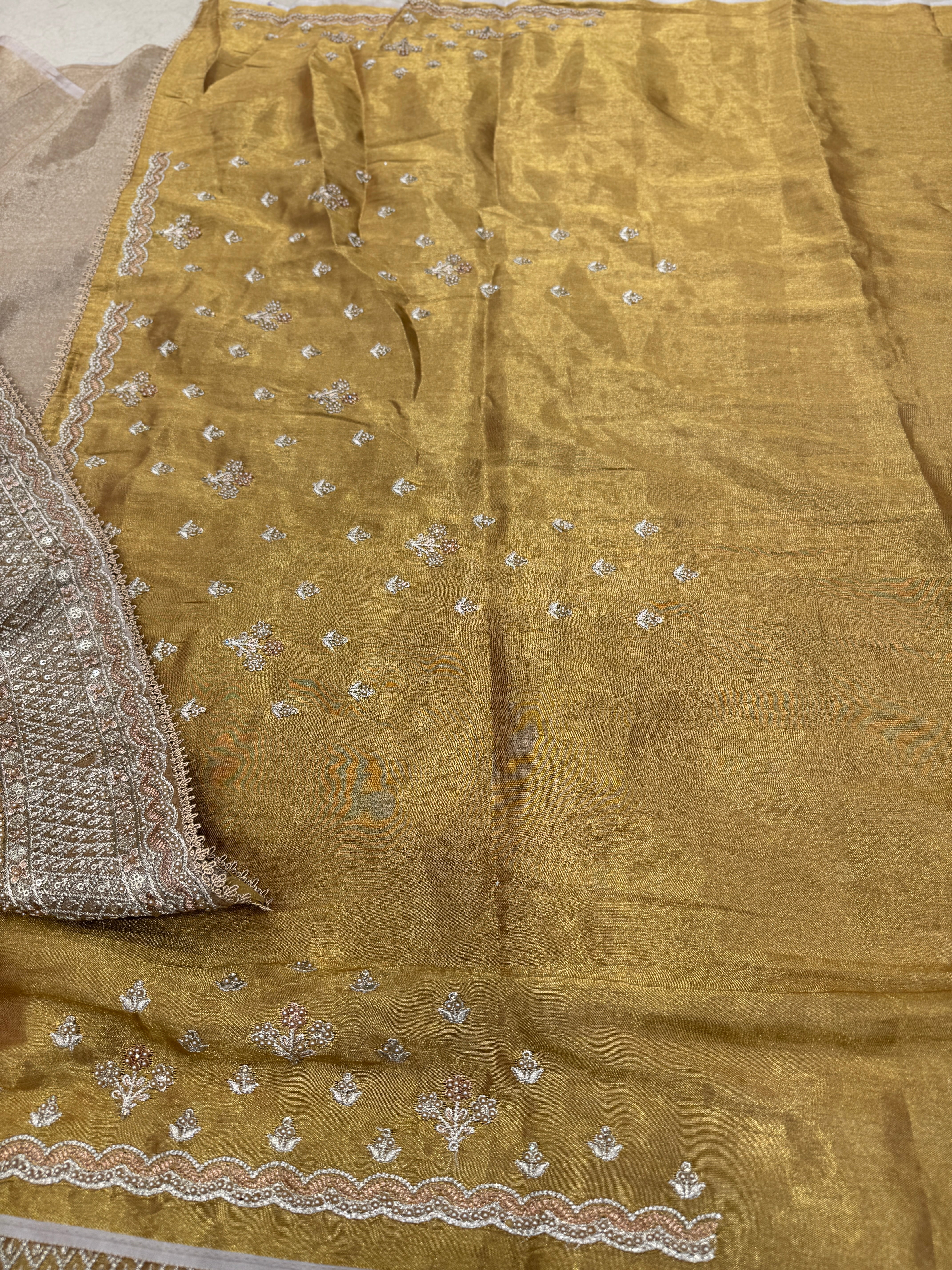 Golden Silver Soft Tissue Pita Embroidery Saree