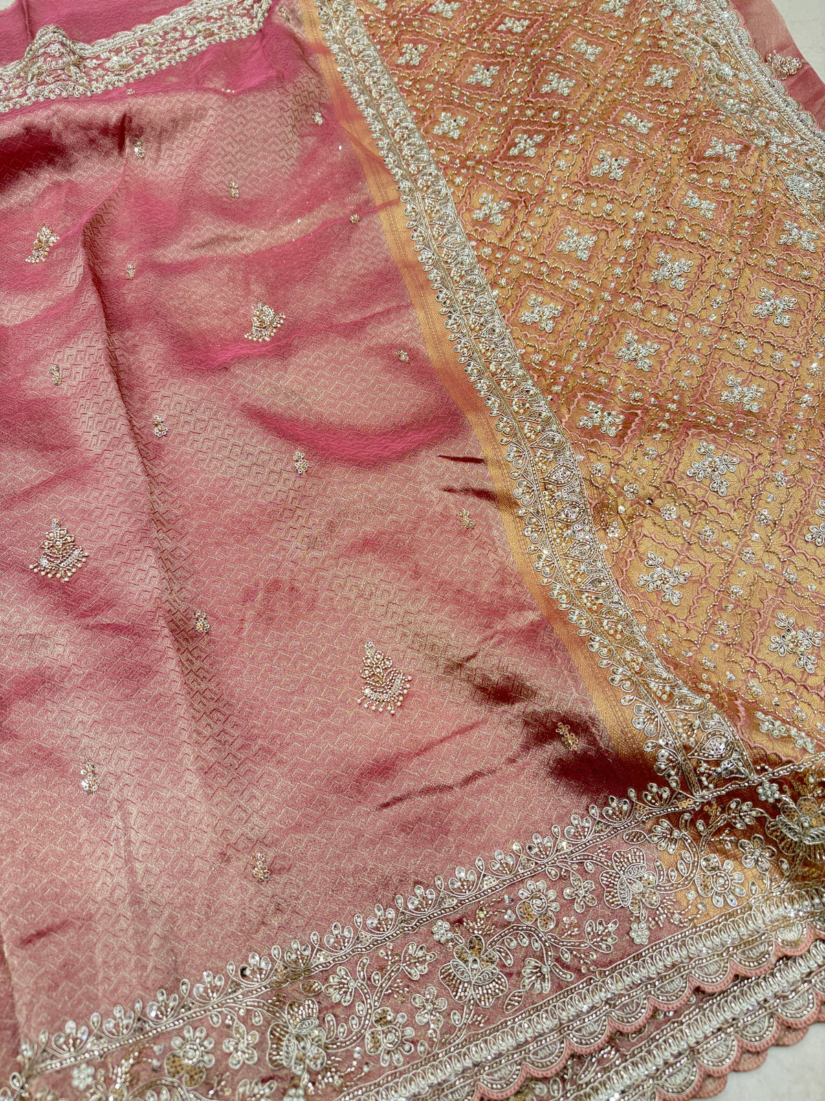Light Pink Crepe Tissue Weaved Moti Cutana Embroidery Saree