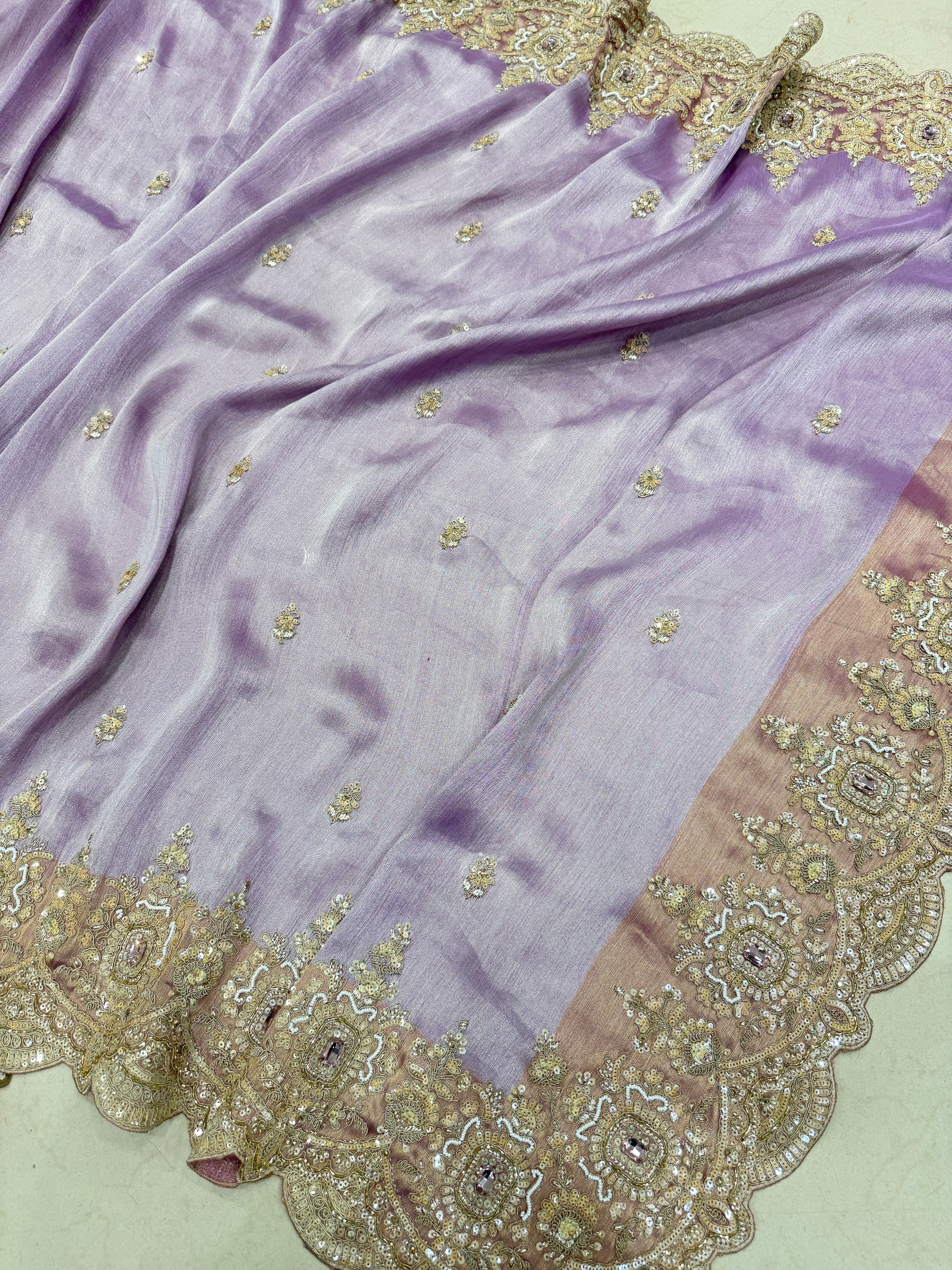Lilac Golden Silver Soft Tissue Moti Crystal Embroidery Saree