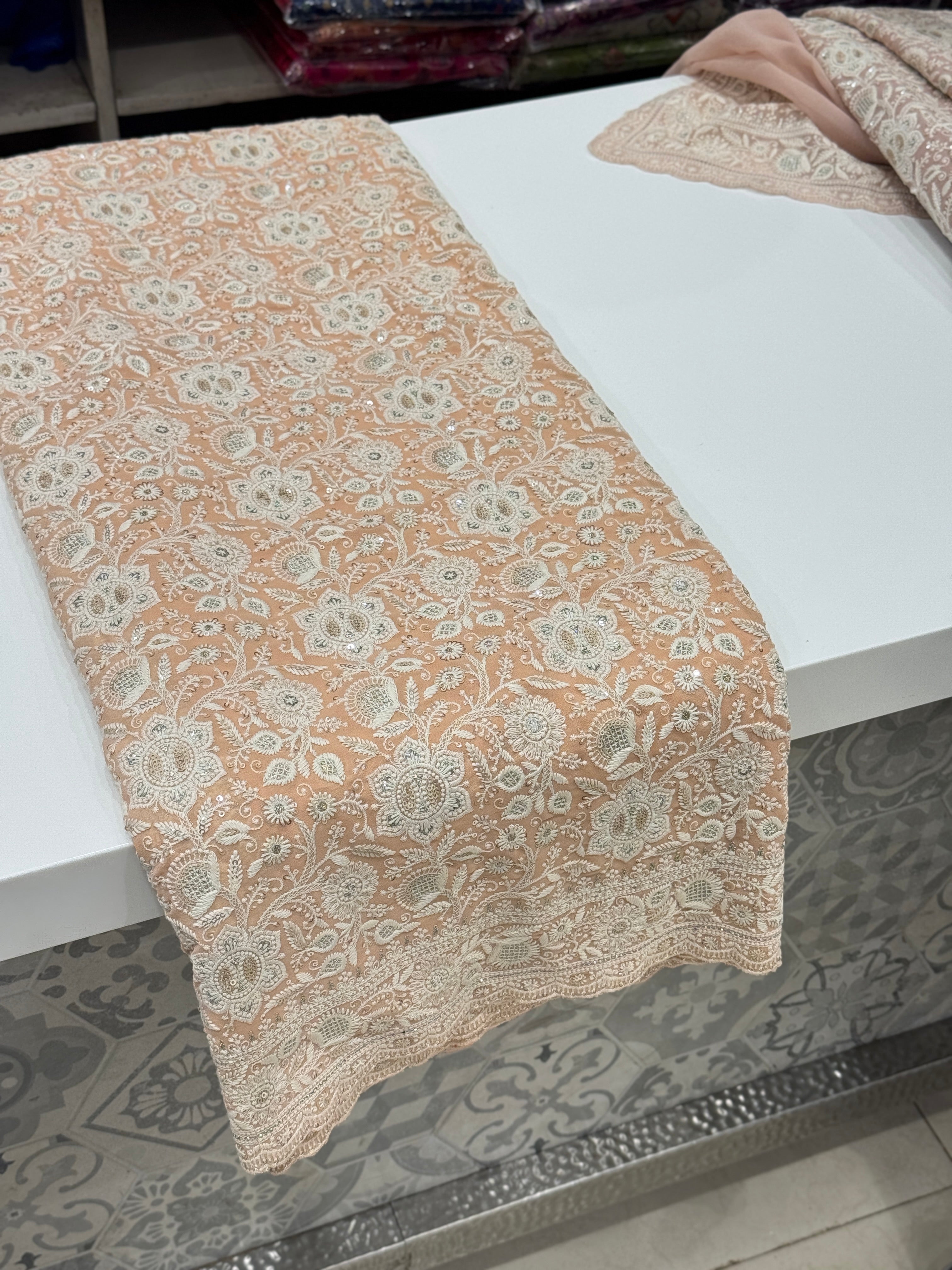 Peach Chikankari Small Scallop Design Saree