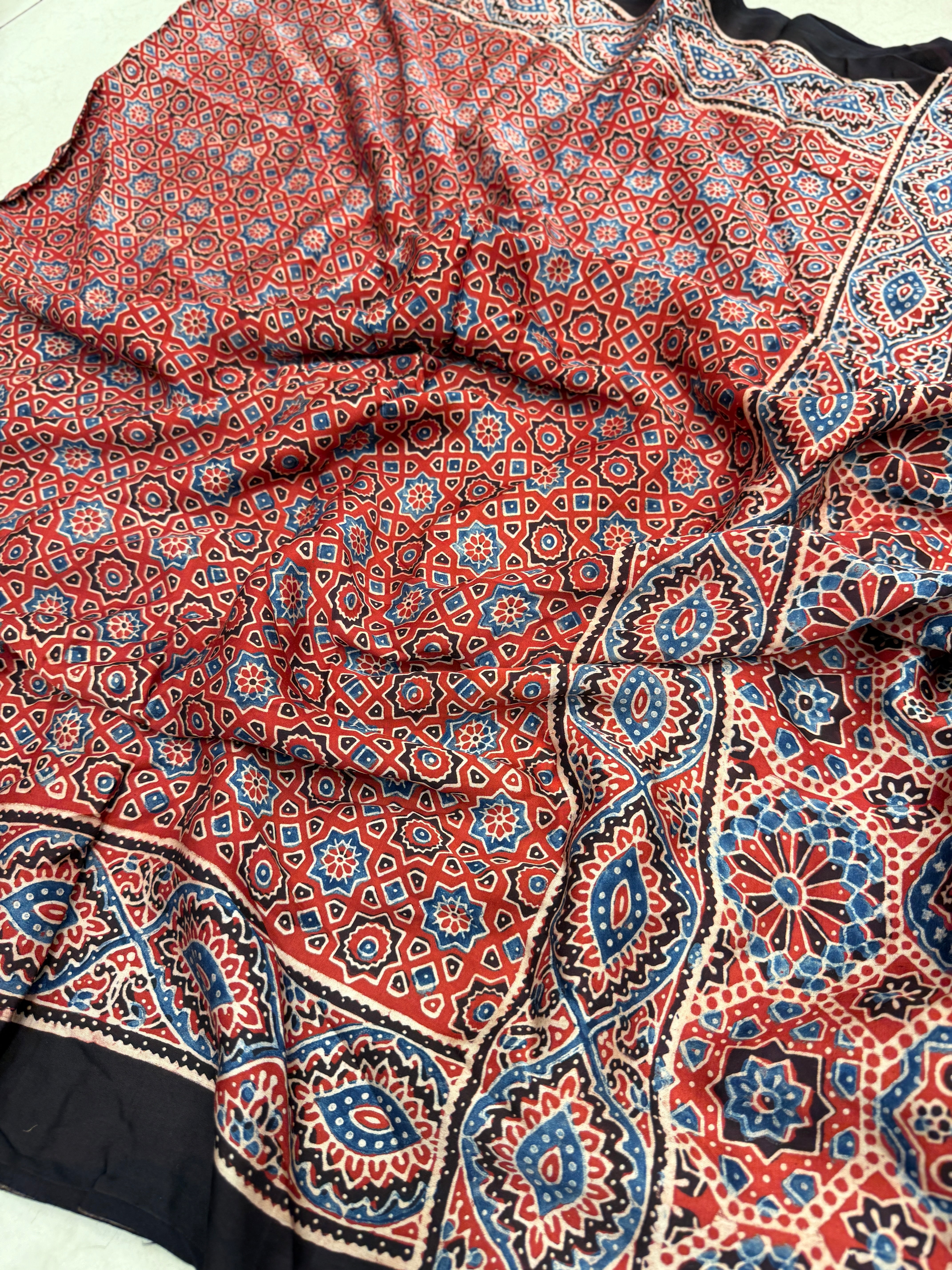 Red Star Butti Ajrakh Block Print Hand Pure Gajji Silk Saree
