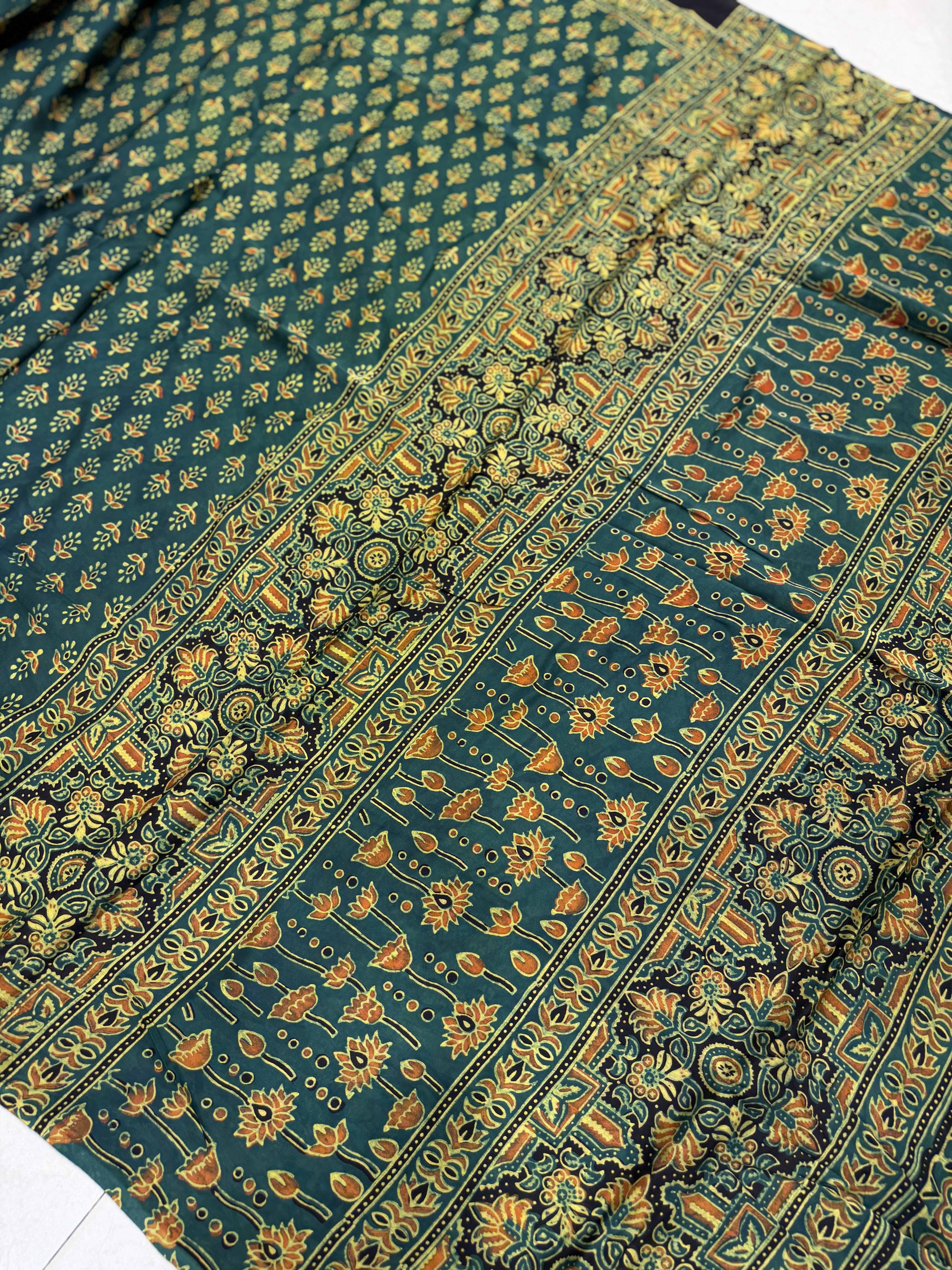 Green Buttis Ajrakh Hand Block Print Pure Gajji Silk Saree