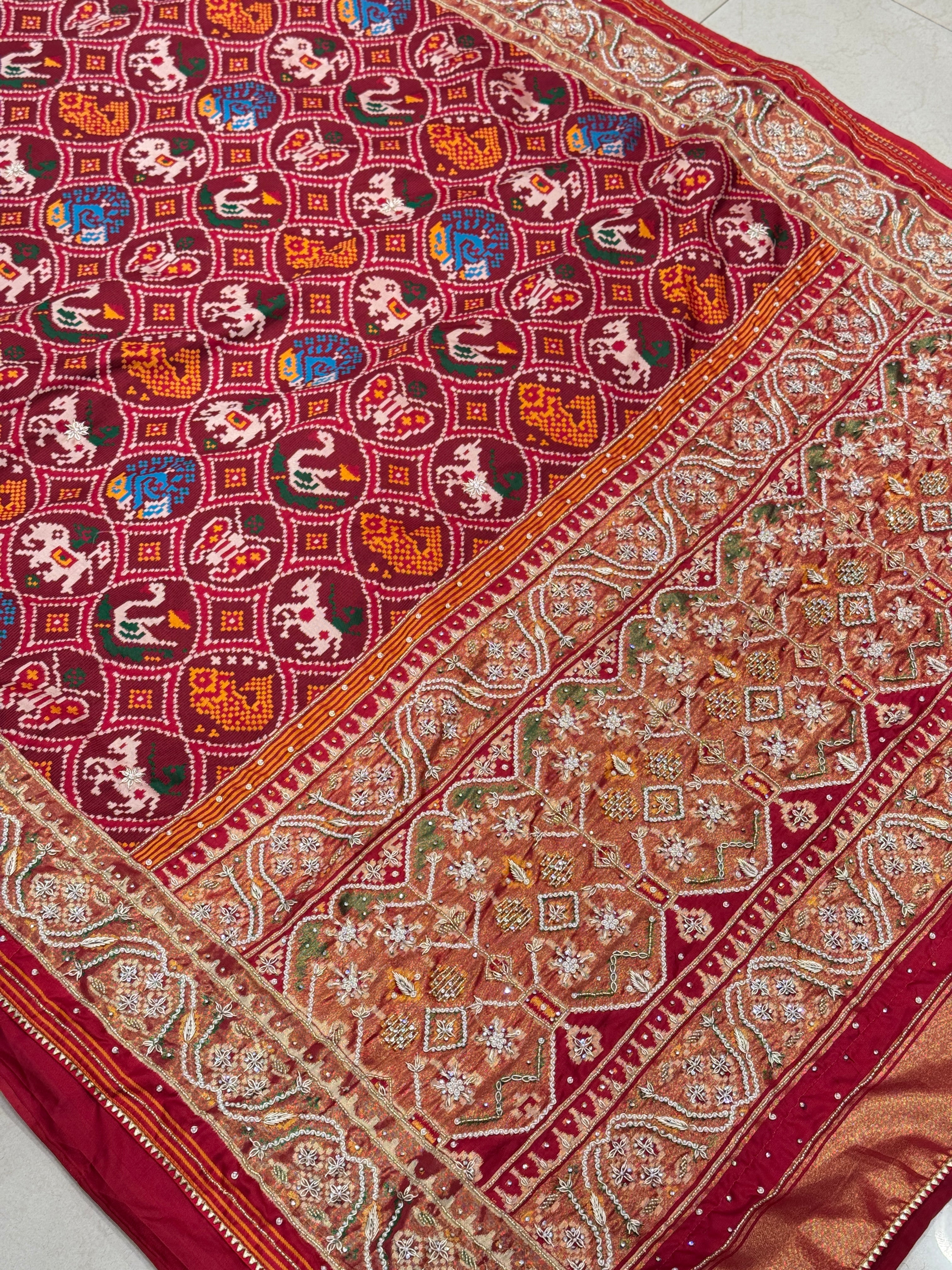 Maroon Patola Figures Zardosi Embroidery Saree