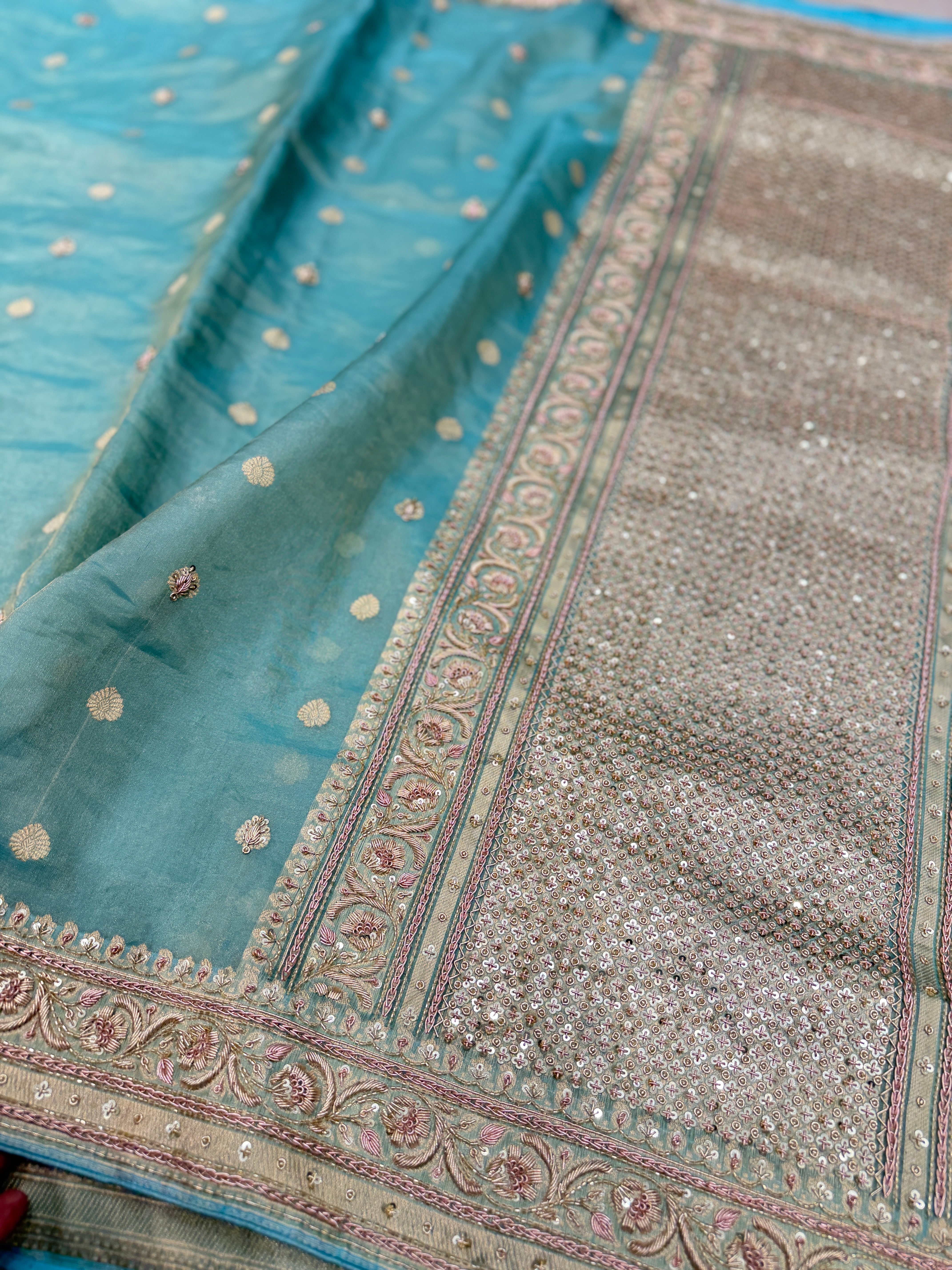 Sea Green Banarasi Tissue Handloom Kadwa Weave Zardosi Embroidery Saree