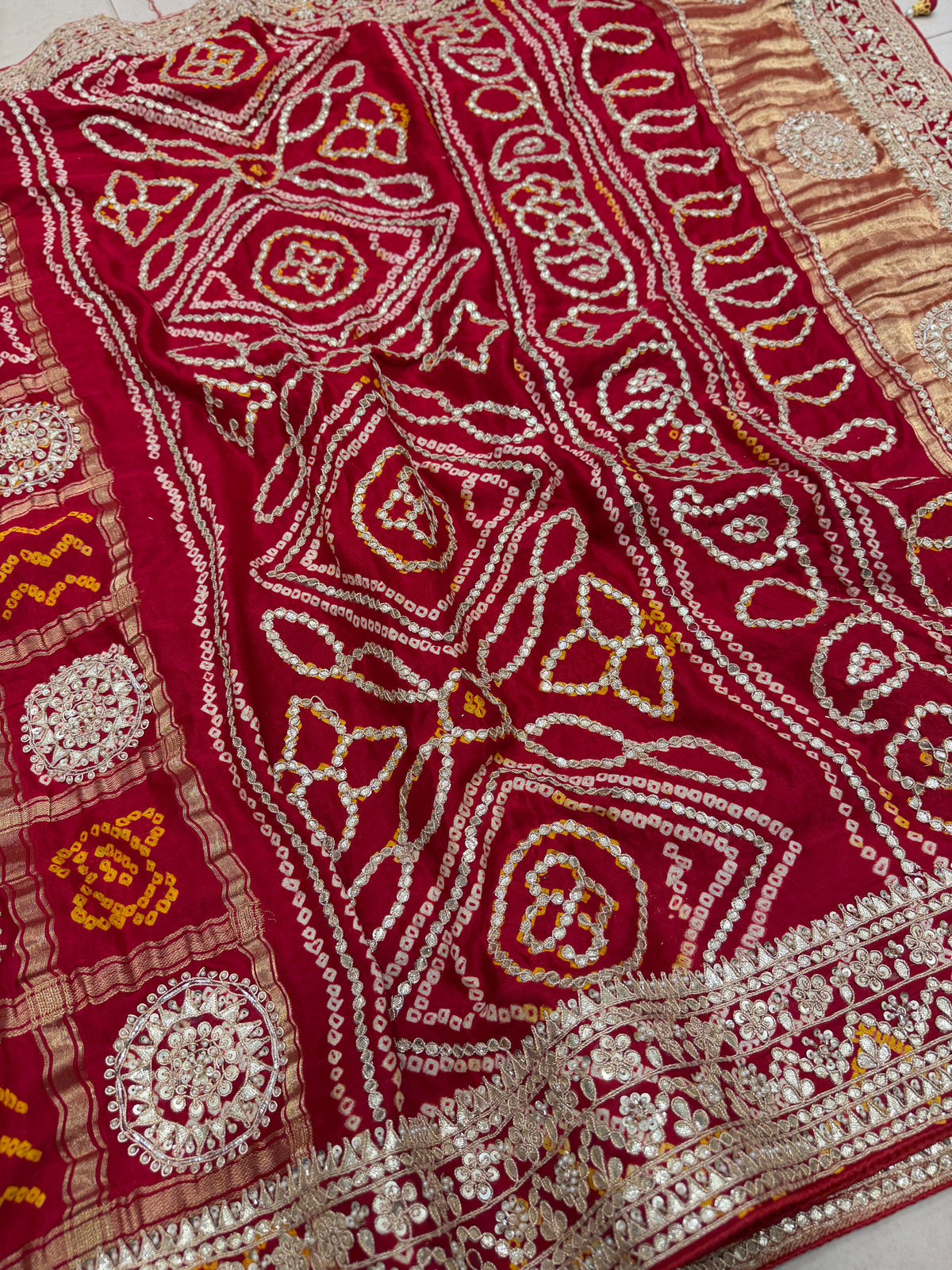 Red Gajji Faabiiana Inspired Marodi Gotapatti Hand Embroidery Saree