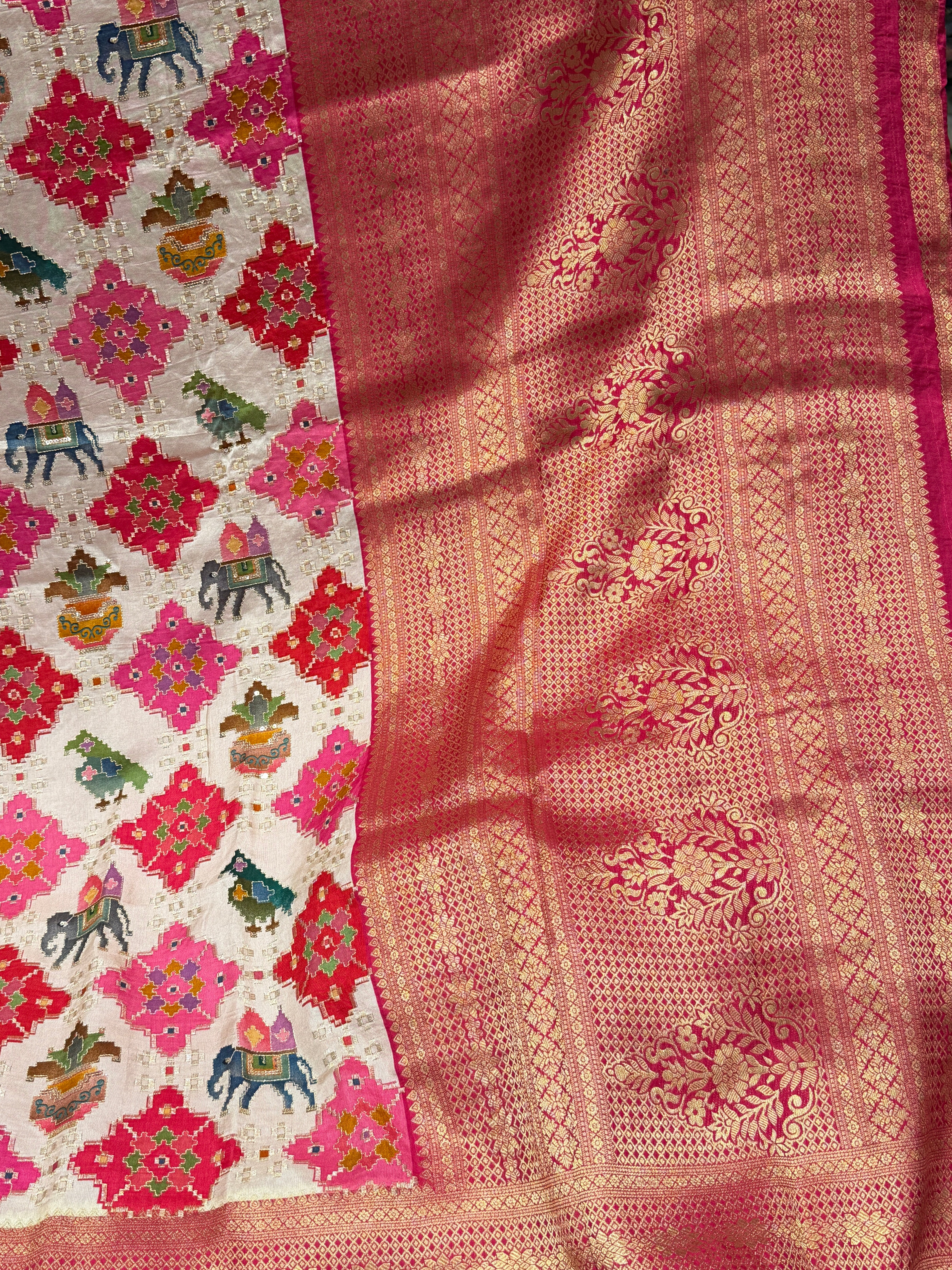 Beige Banarasi Munga Patola Style With Pita Embroidery