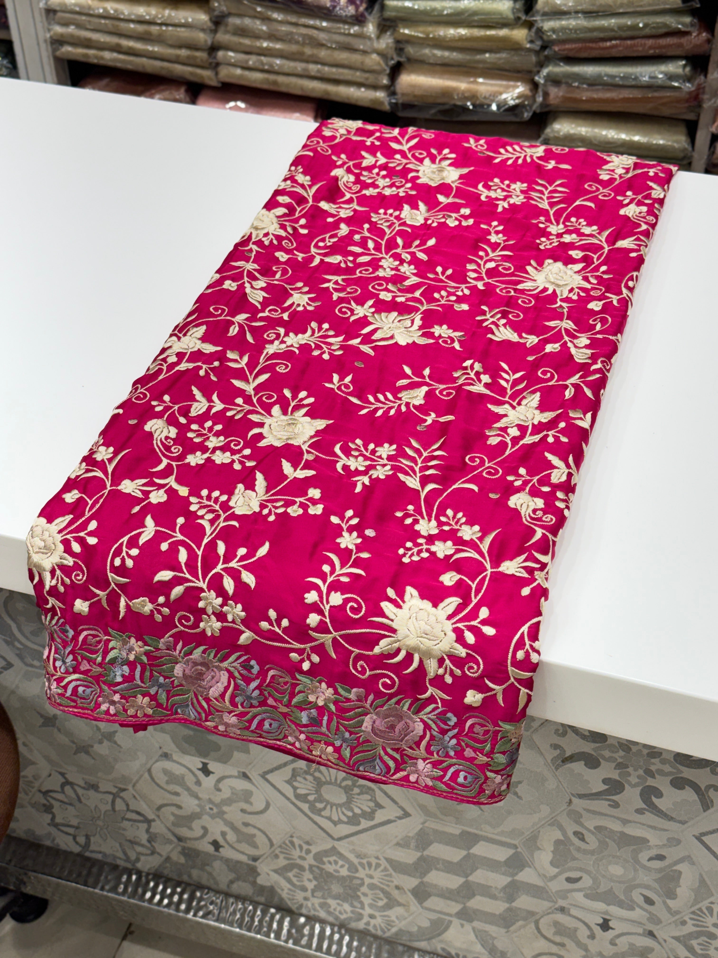 Rani Crepe Multi Colour Jaal Parsi Gara Saree