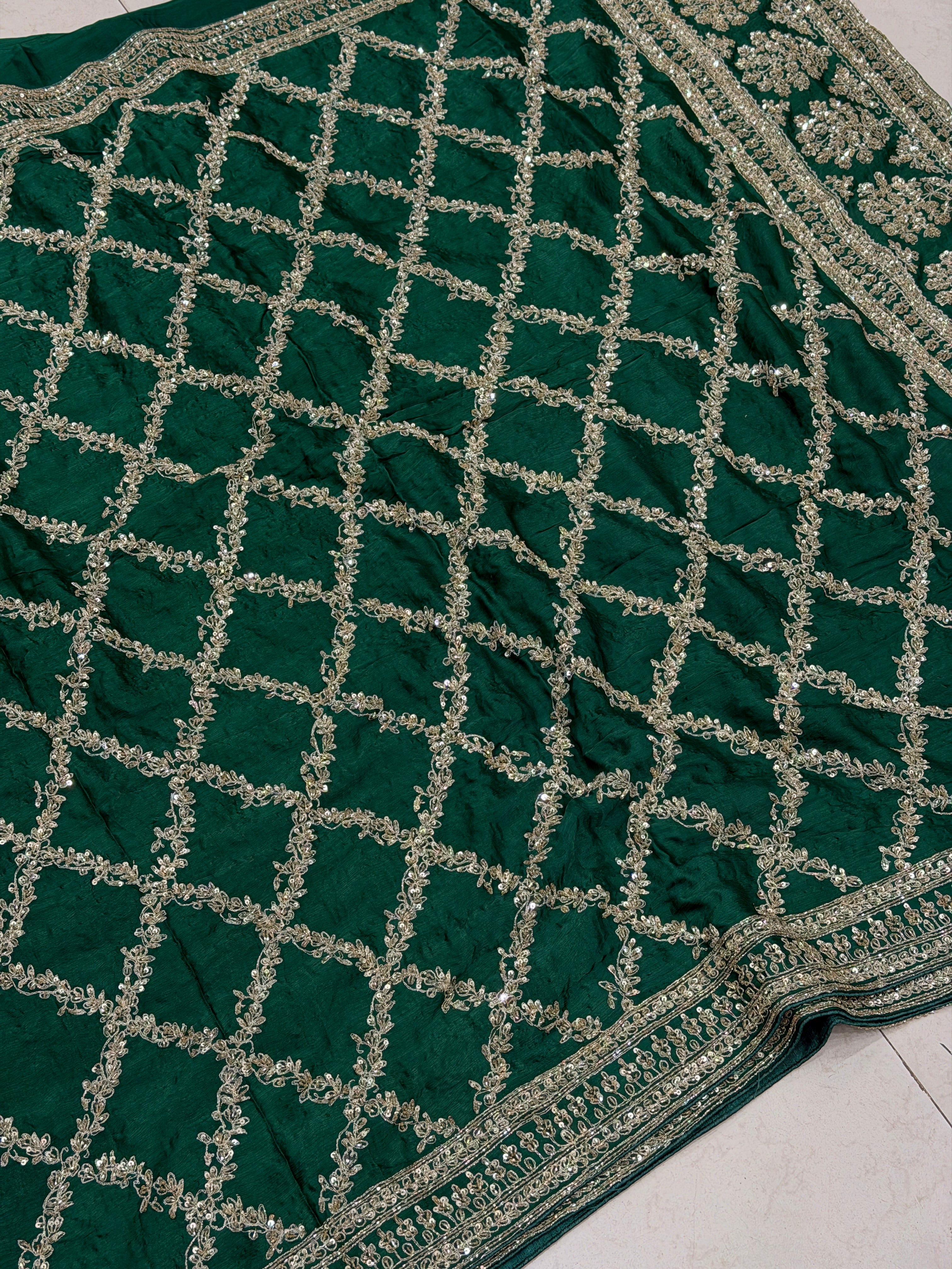 Bottle Green Crepe Satin Sabyasachi Inspired Zardosi Jaal Embroidery Saree