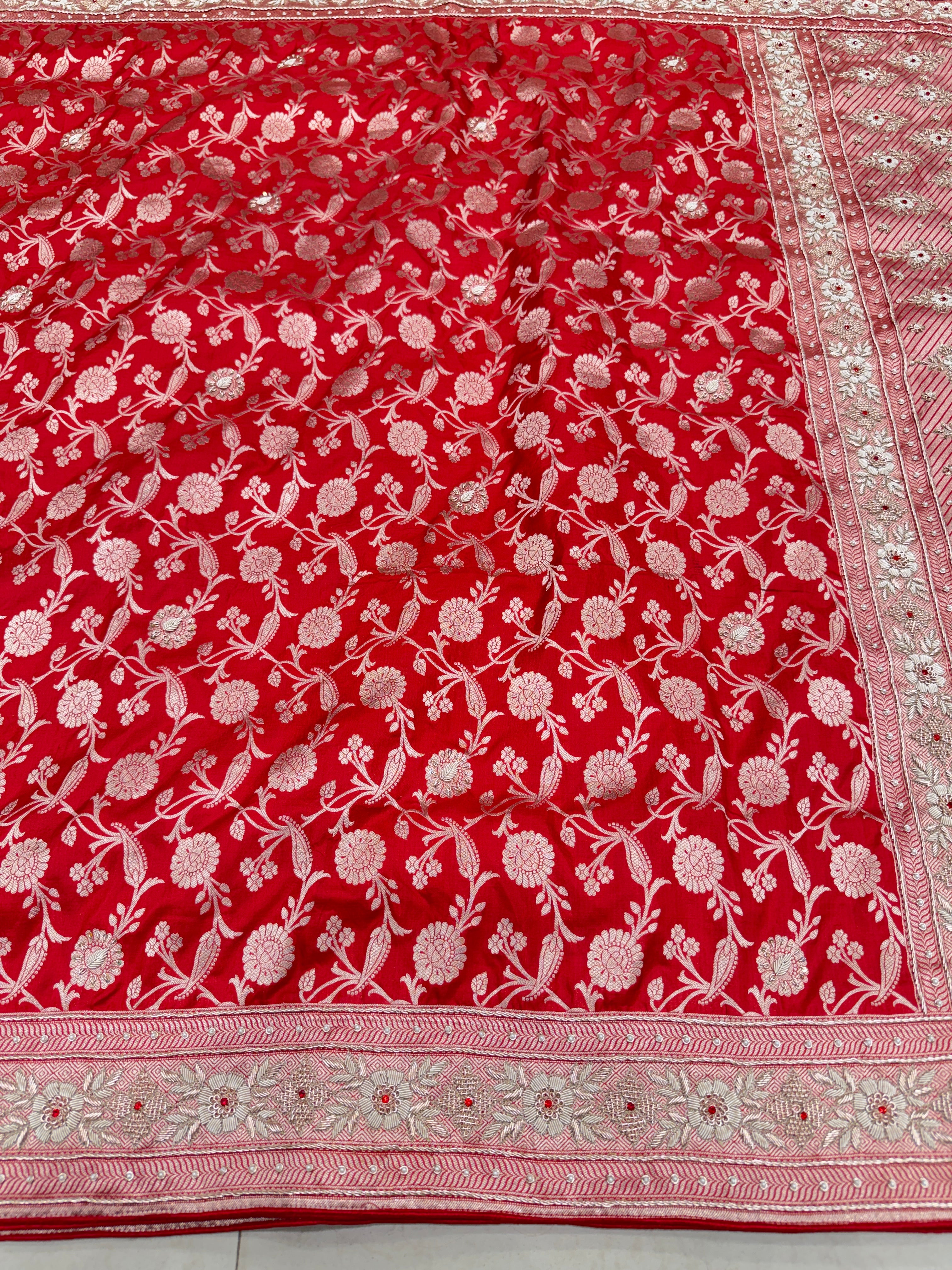 Red Jaal Handloom Banarasi Pure Katan Crystal Zardosi Embroidery Saree