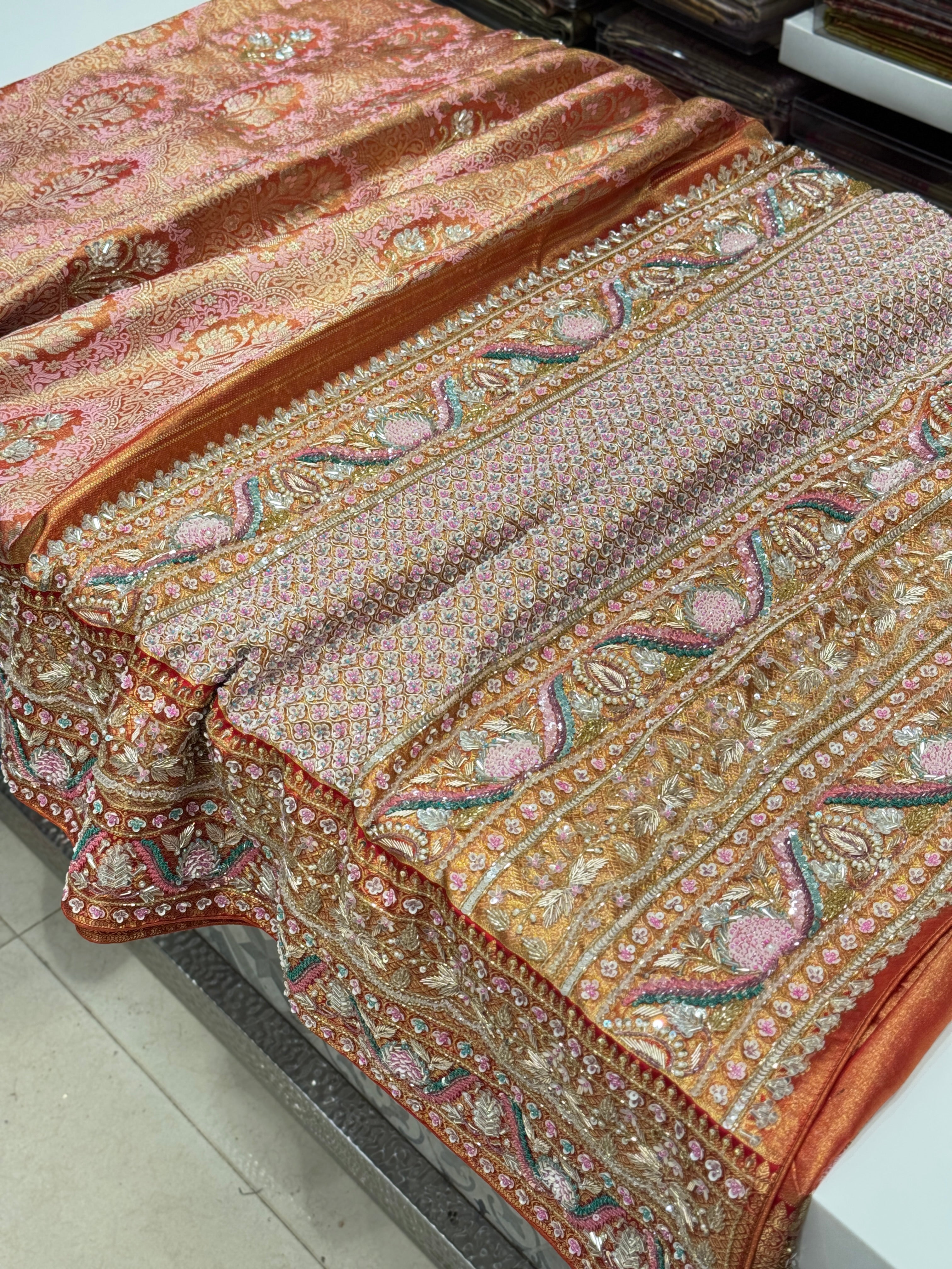 Pink Red Jaal Tissue Kanjivaram Hand Embroidery Saree