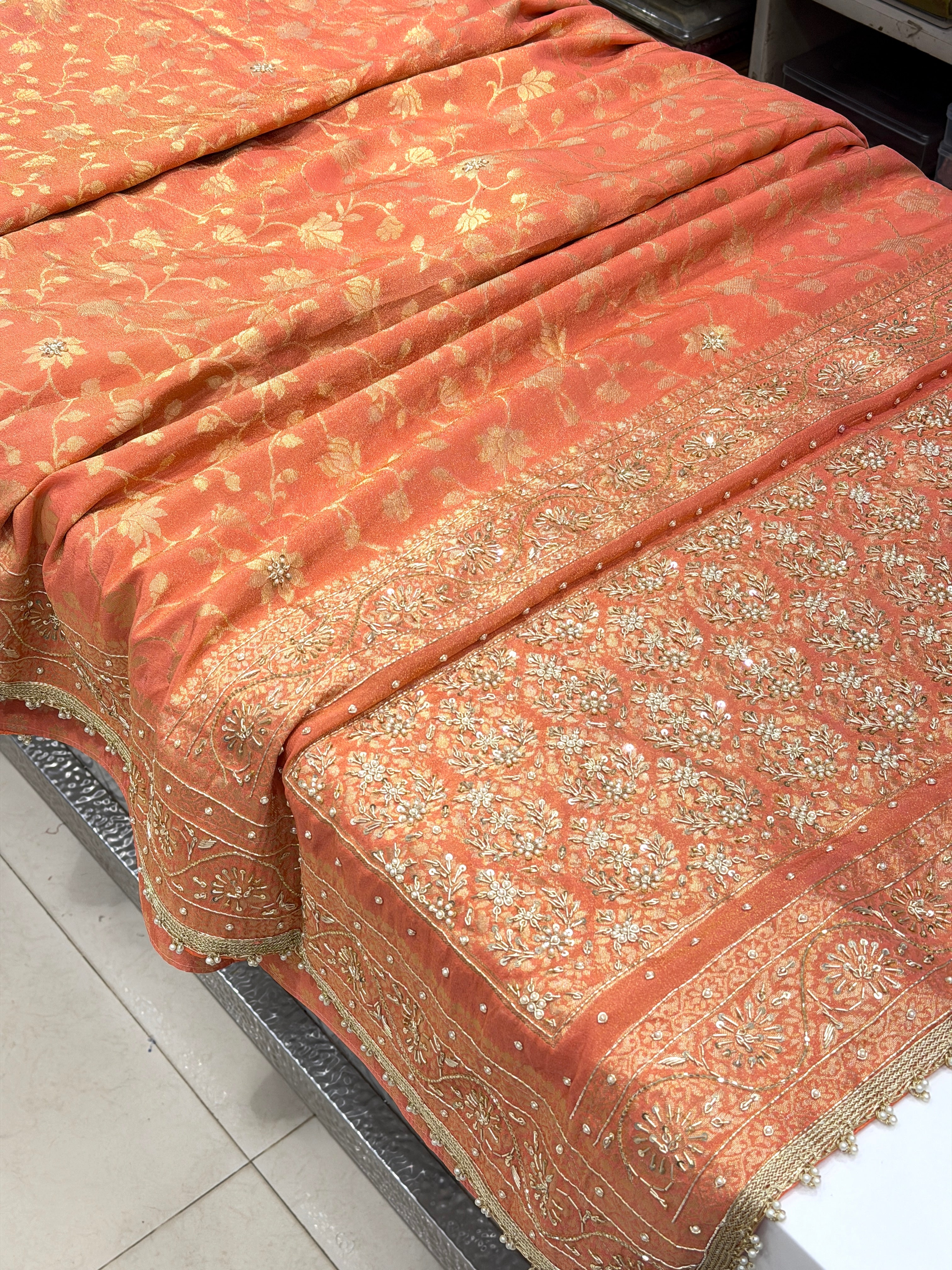 Rust Crepe Tissue Banarasi Weaved Zardosi Hand Embroidery Saree
