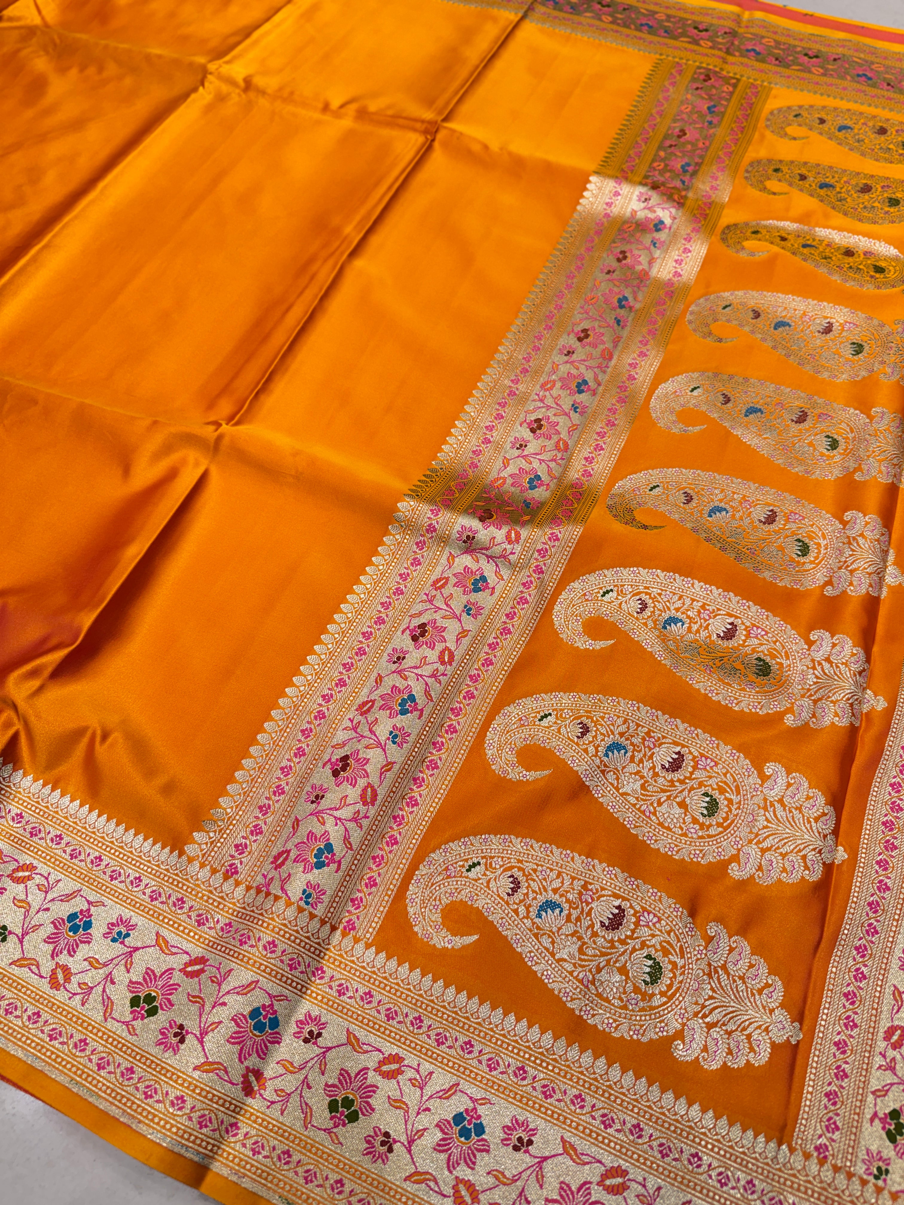 Mango Yellow Banarasi Plain Body Meena Pallu Border Saree