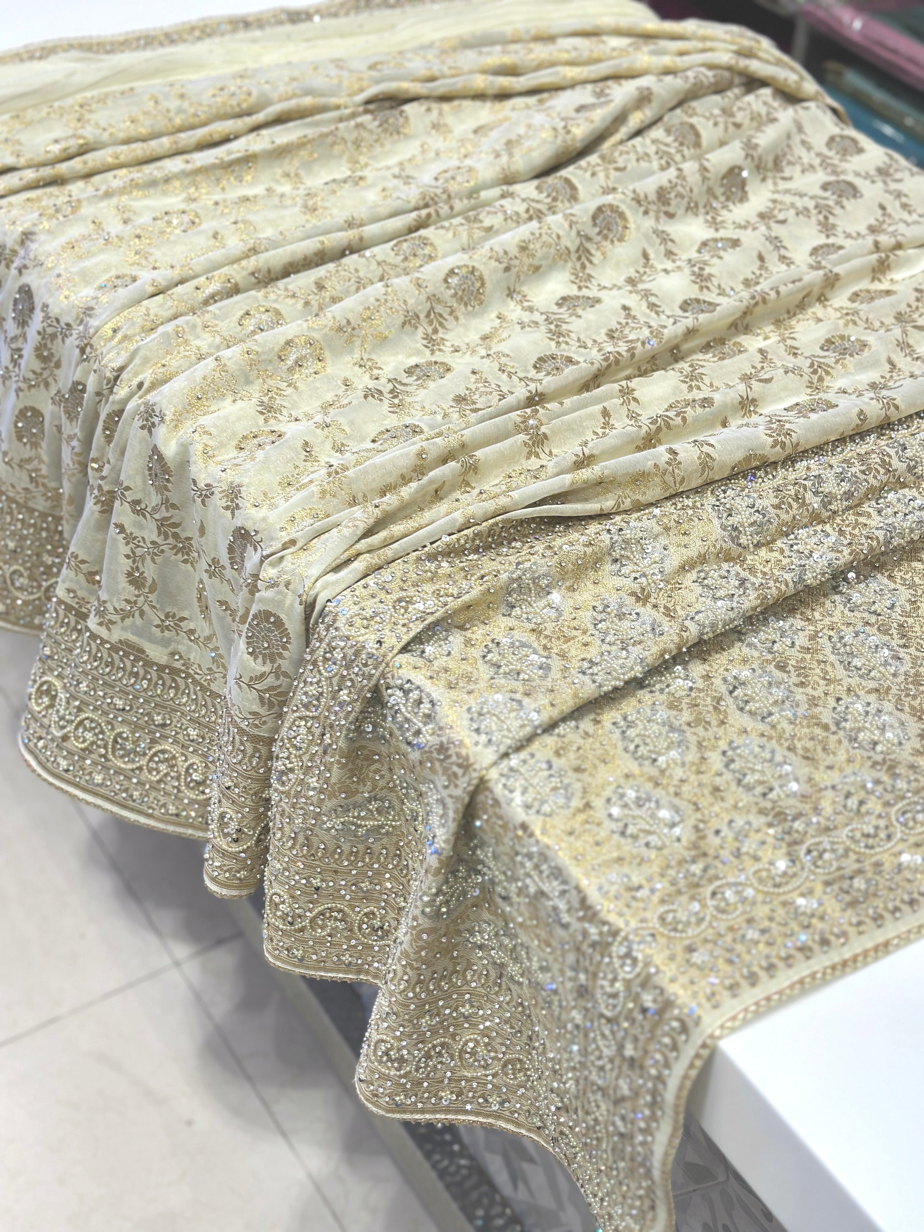 Beige Khaddi Georgette Jaal Hand Embroidery Saree