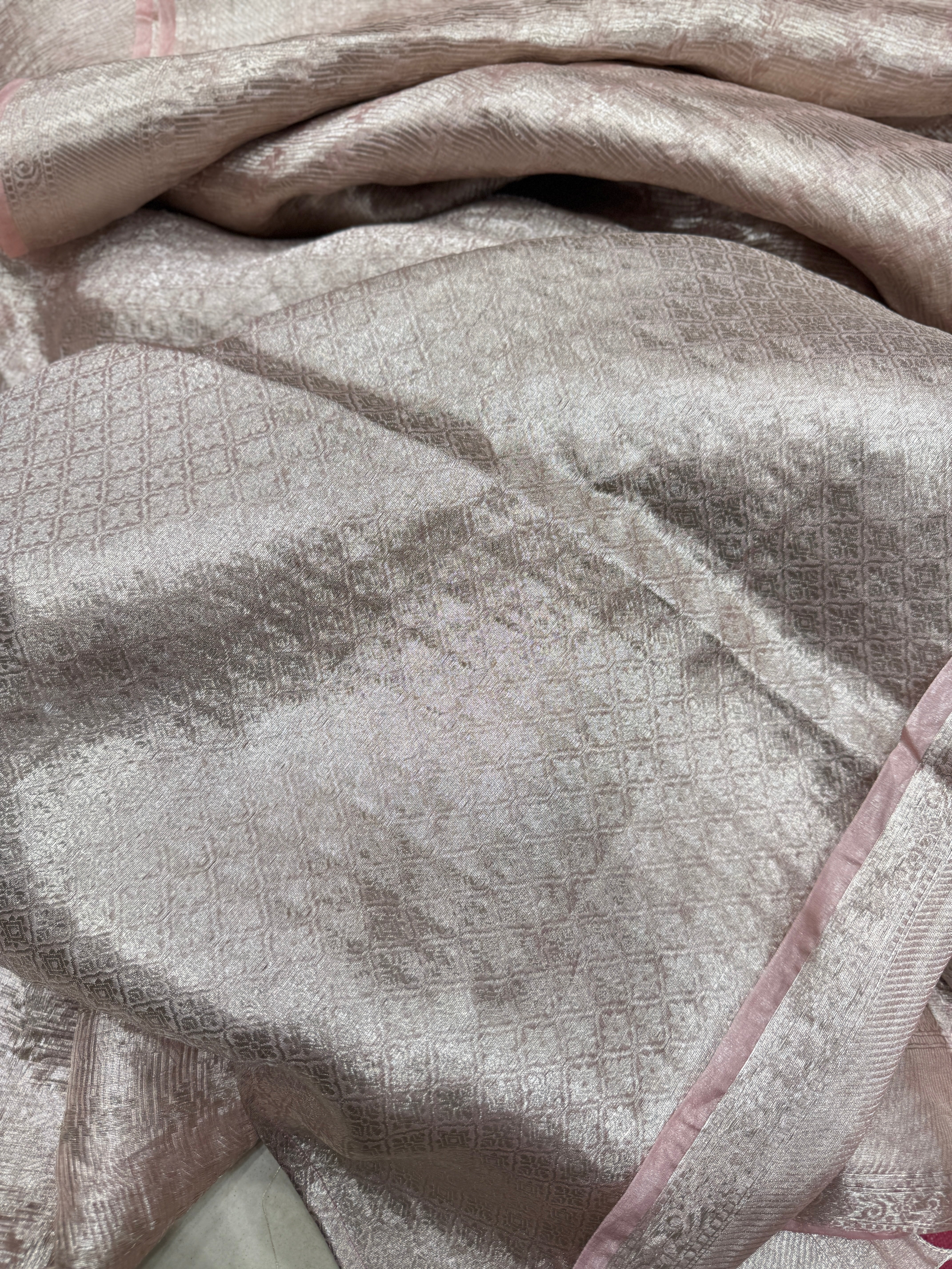 Nude Pink Silver Handloom Tissue Peacock Contemporary Resham Embroidery Saree
