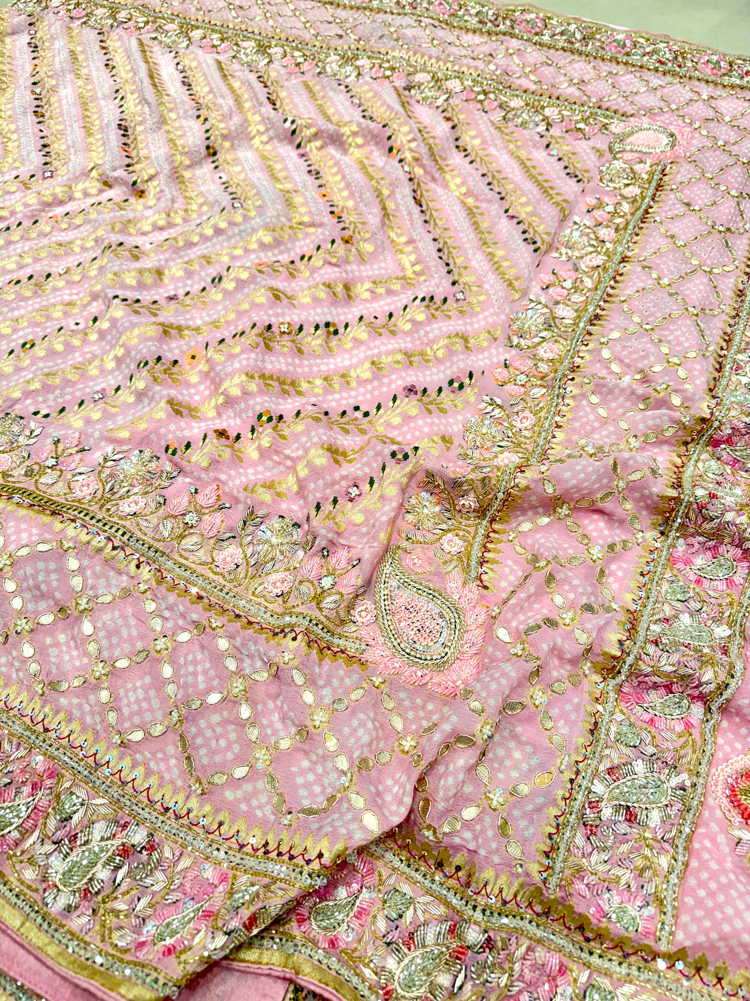 Pastel Pink Bandhej Meenakari Hand Embroidery Saree