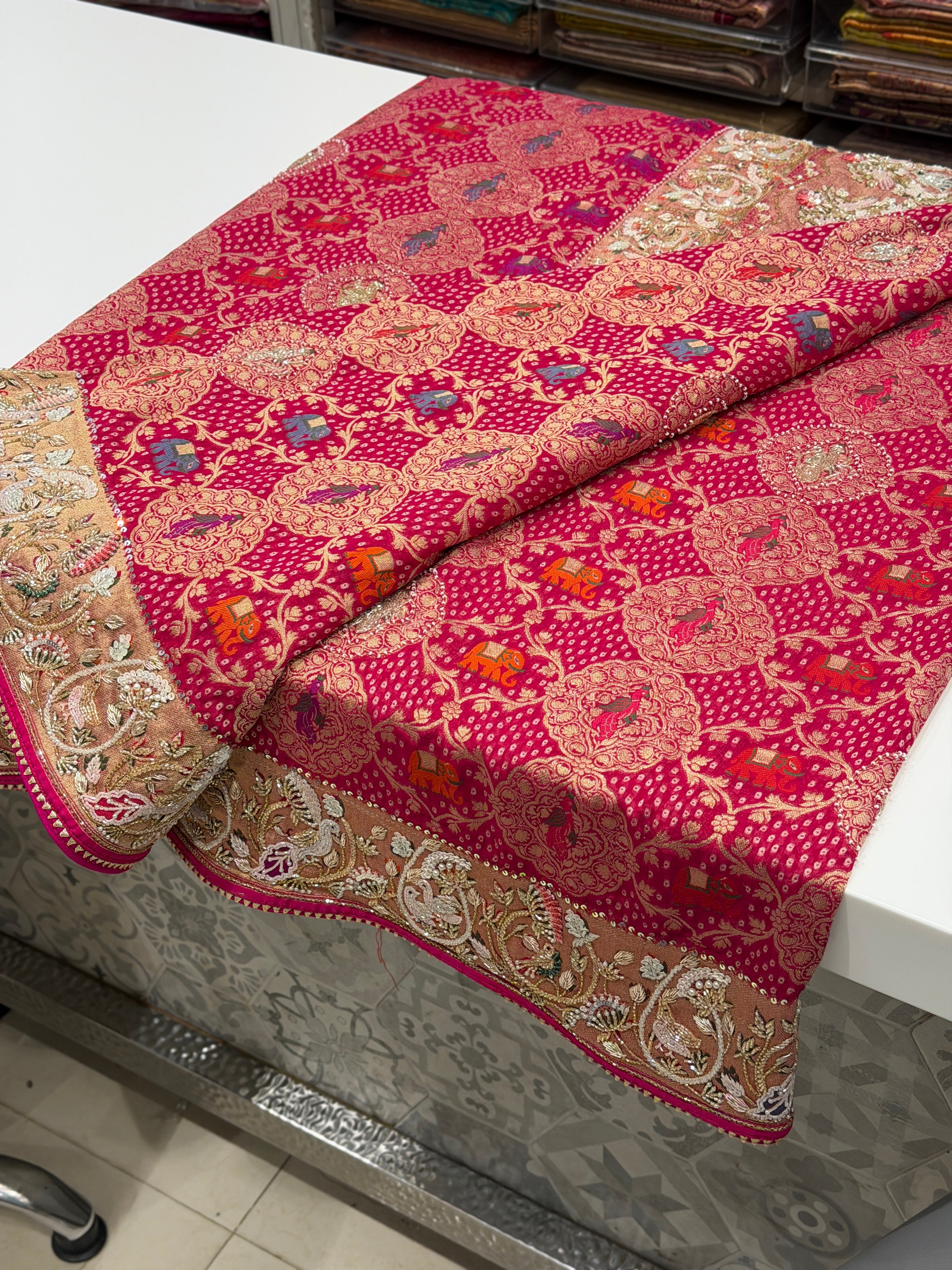 Rani Pink Woven Bandhej Moti Sequin Zardosi Hand Embroidery Saree