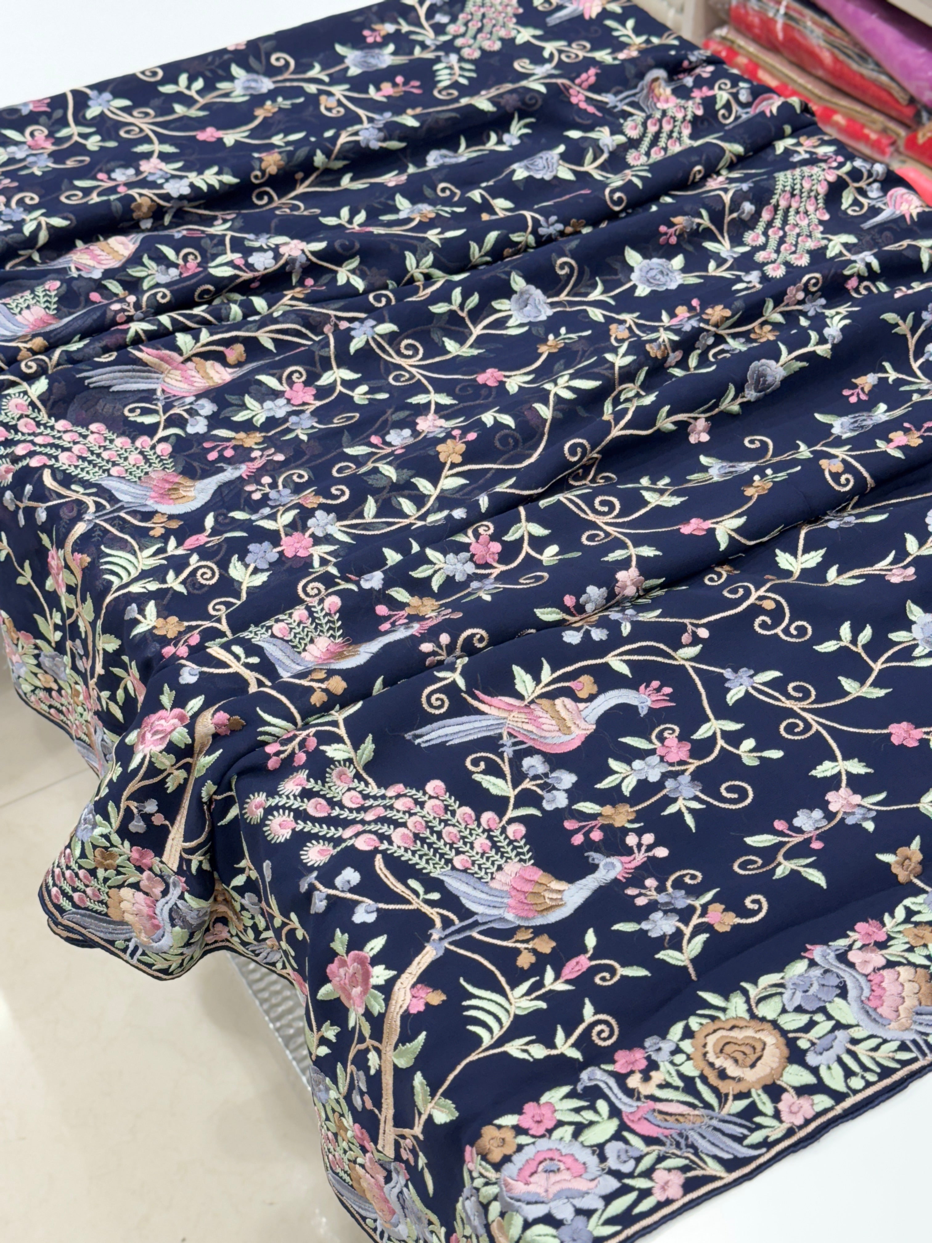 Blue Georgette Parsi Gara Peacock Design Saree