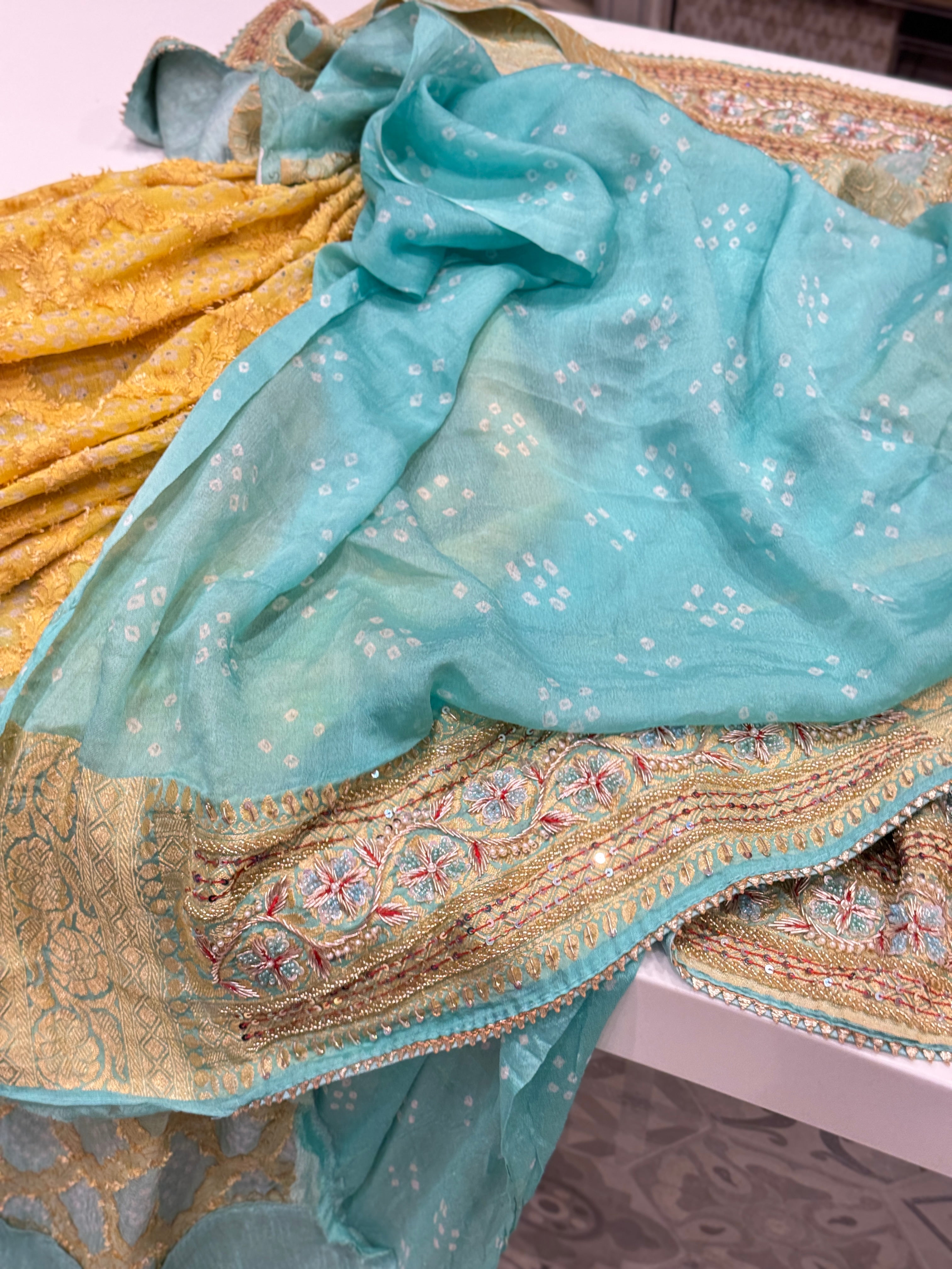 Pastel Shaded Bandhej Hand Embroidery Saree